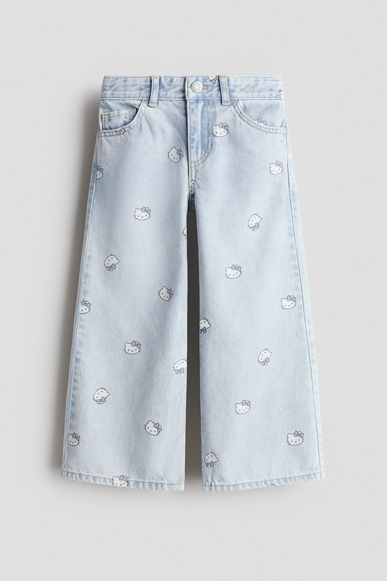 Printed Wide Leg Jeans - כחול ג'ינס חיוור/הלו קיטי/כחול ג'ינס/הלו קיטי - 2