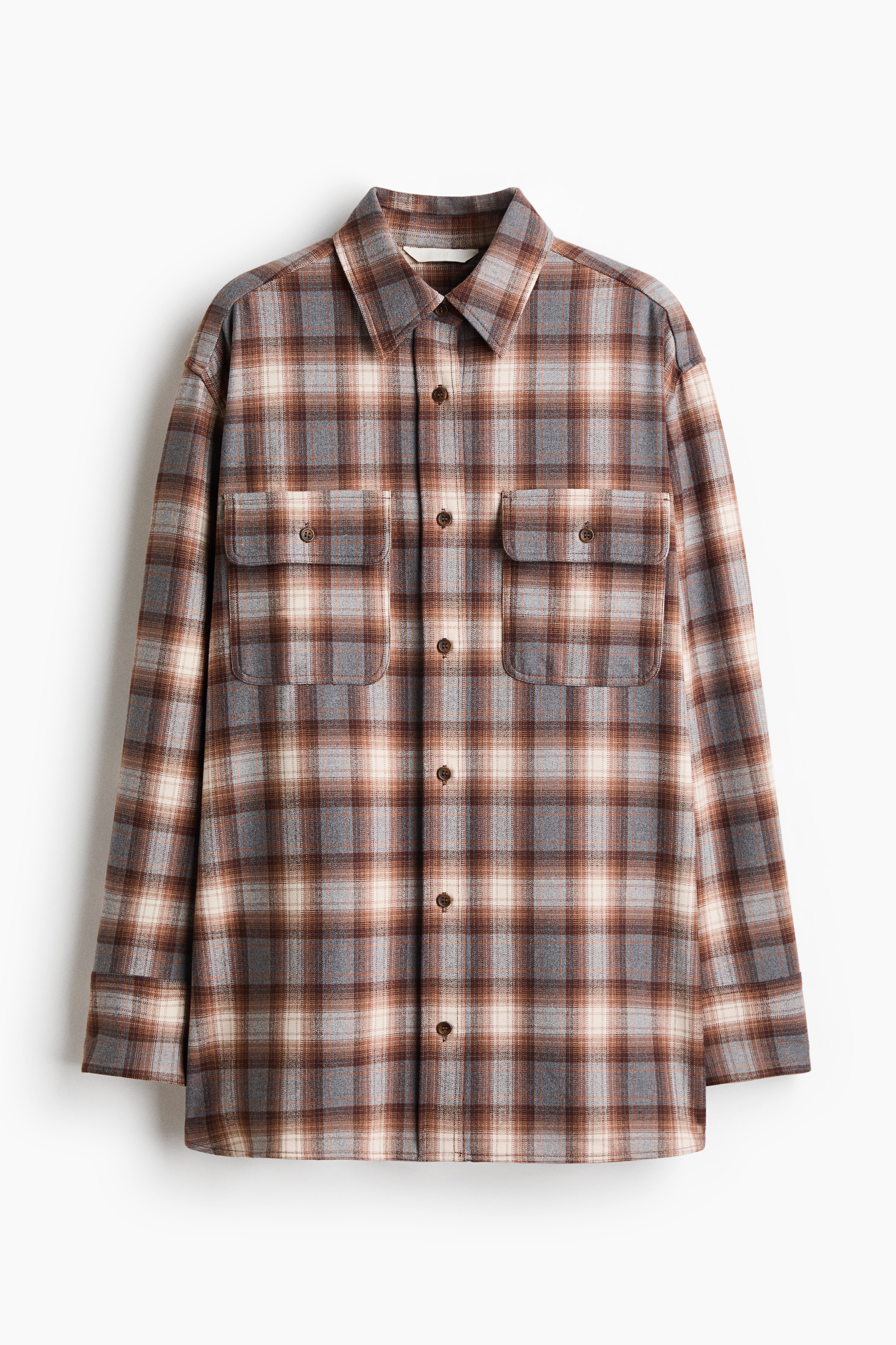 Camisa oversized de franela - Gris claro/Cuadros/Café oscuro/Cuadros