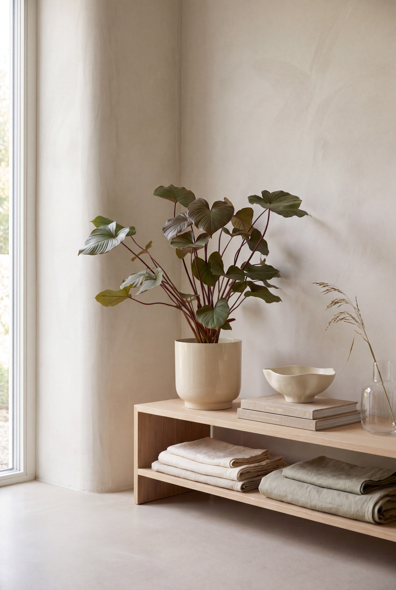 Una planta de interior con grandes hojas verdes en forma de corazón sobre esbeltos tallos de color marrón rojizo crece en una maceta cilíndrica de color crema. La maceta se apoya sobre su base ligeramente rebajada, presentando un diseño suave y minimalista.