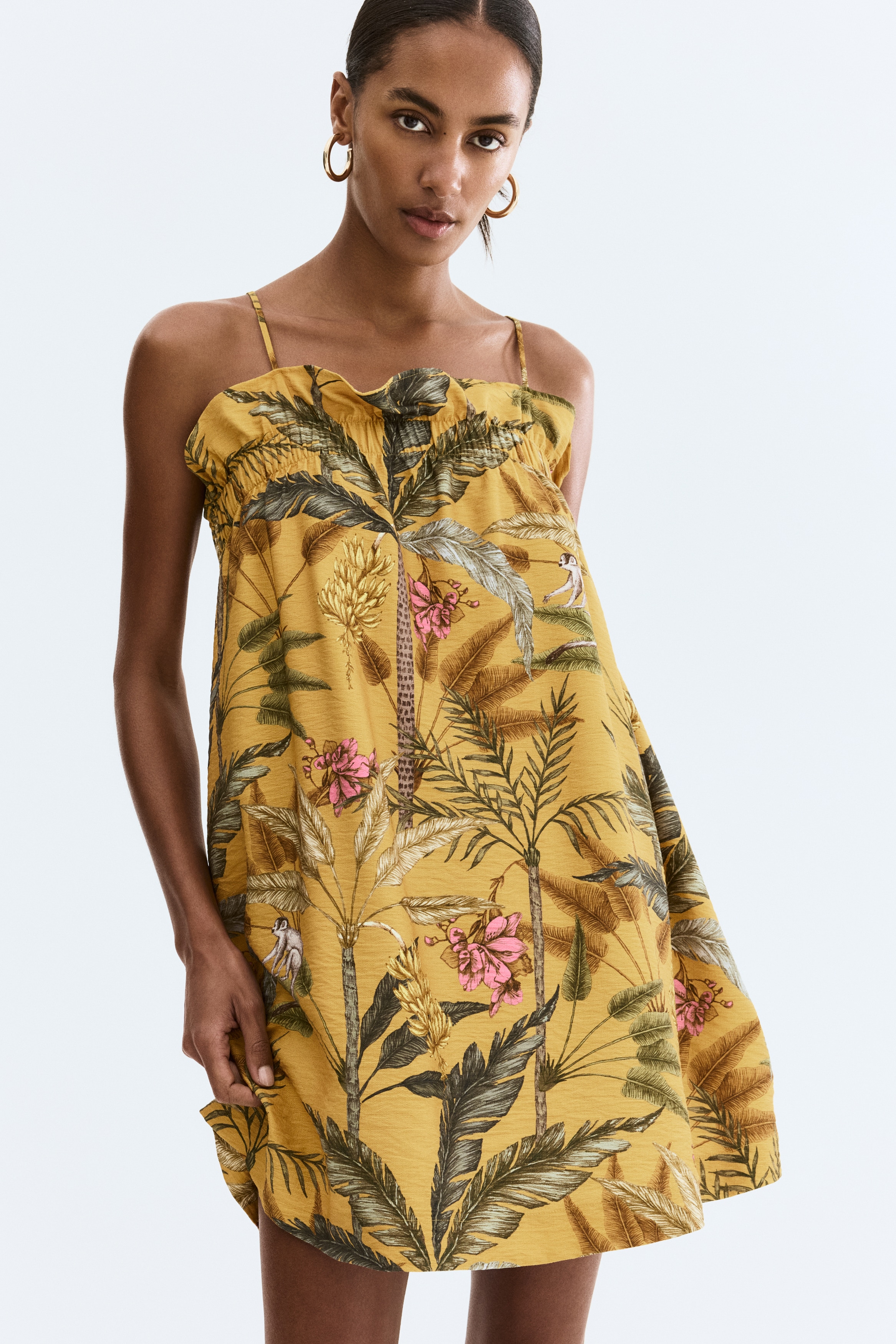 Loose-fit strappy dress - Dark yellow/Plants