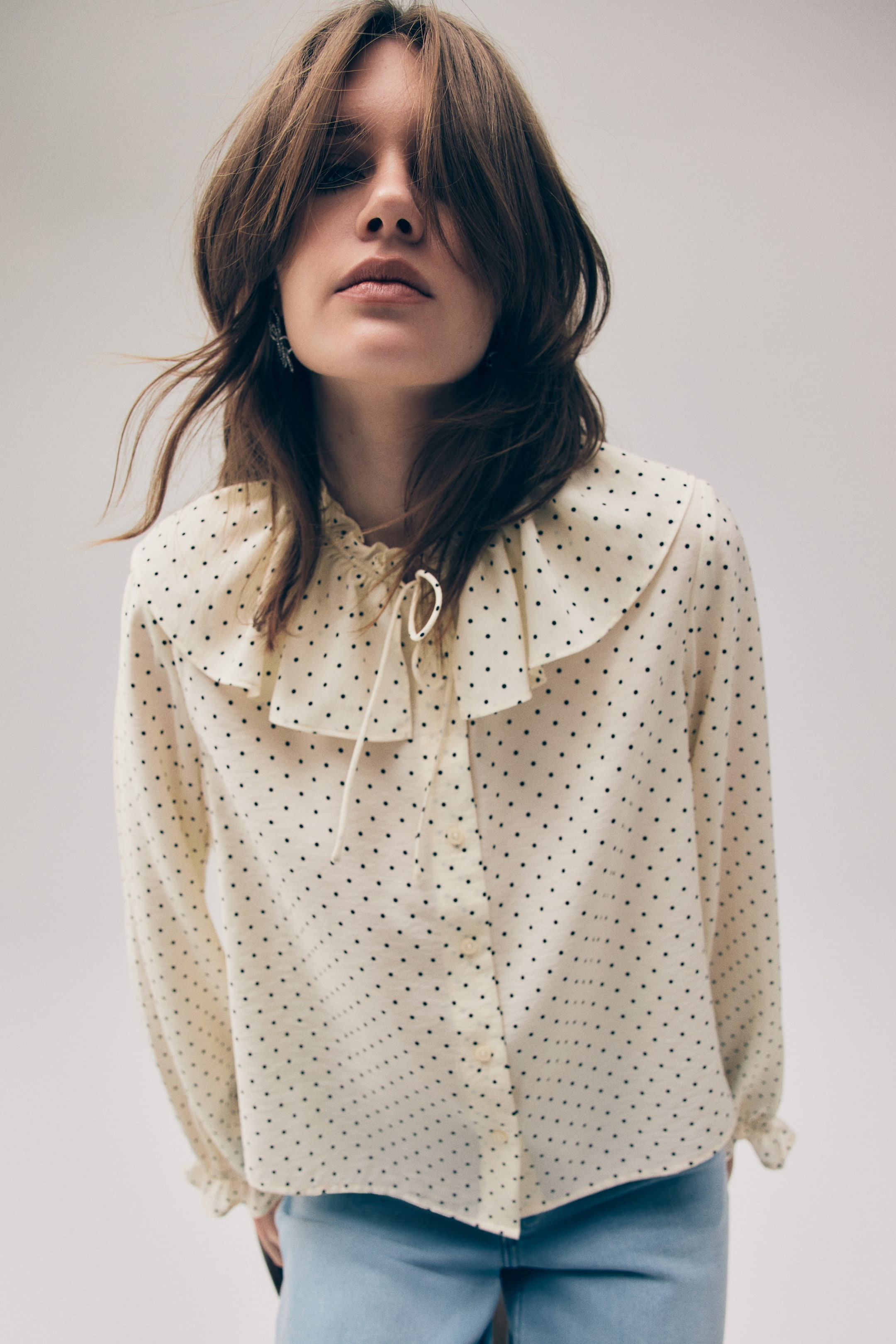 View larger image: Frill-trimmed blouse - Light beige/Spotted - Ladies | H&M IN 1