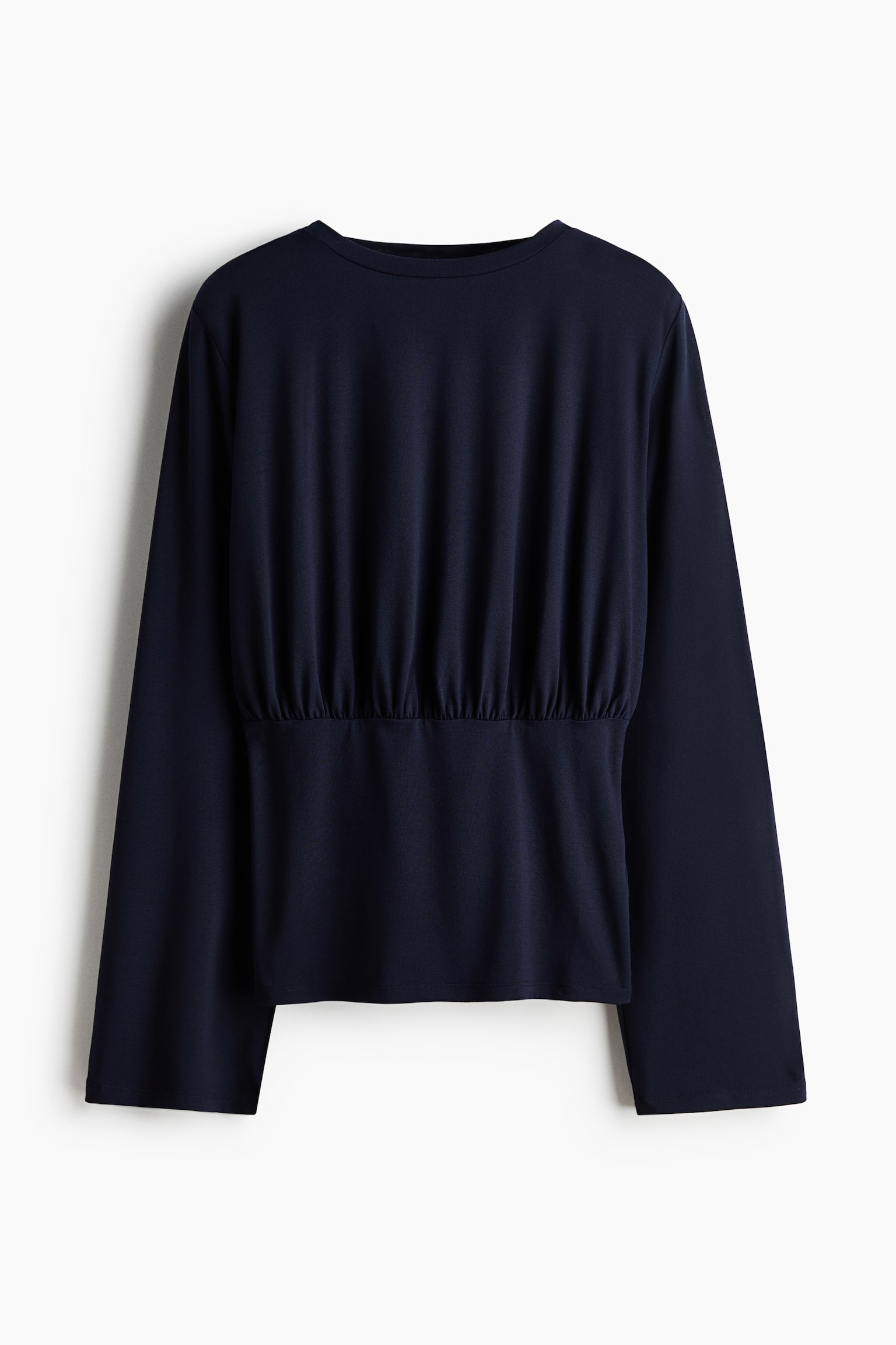 The navy blue long-sleeved top features a round neck, long sleeves, and ruching around the waistline. - 1