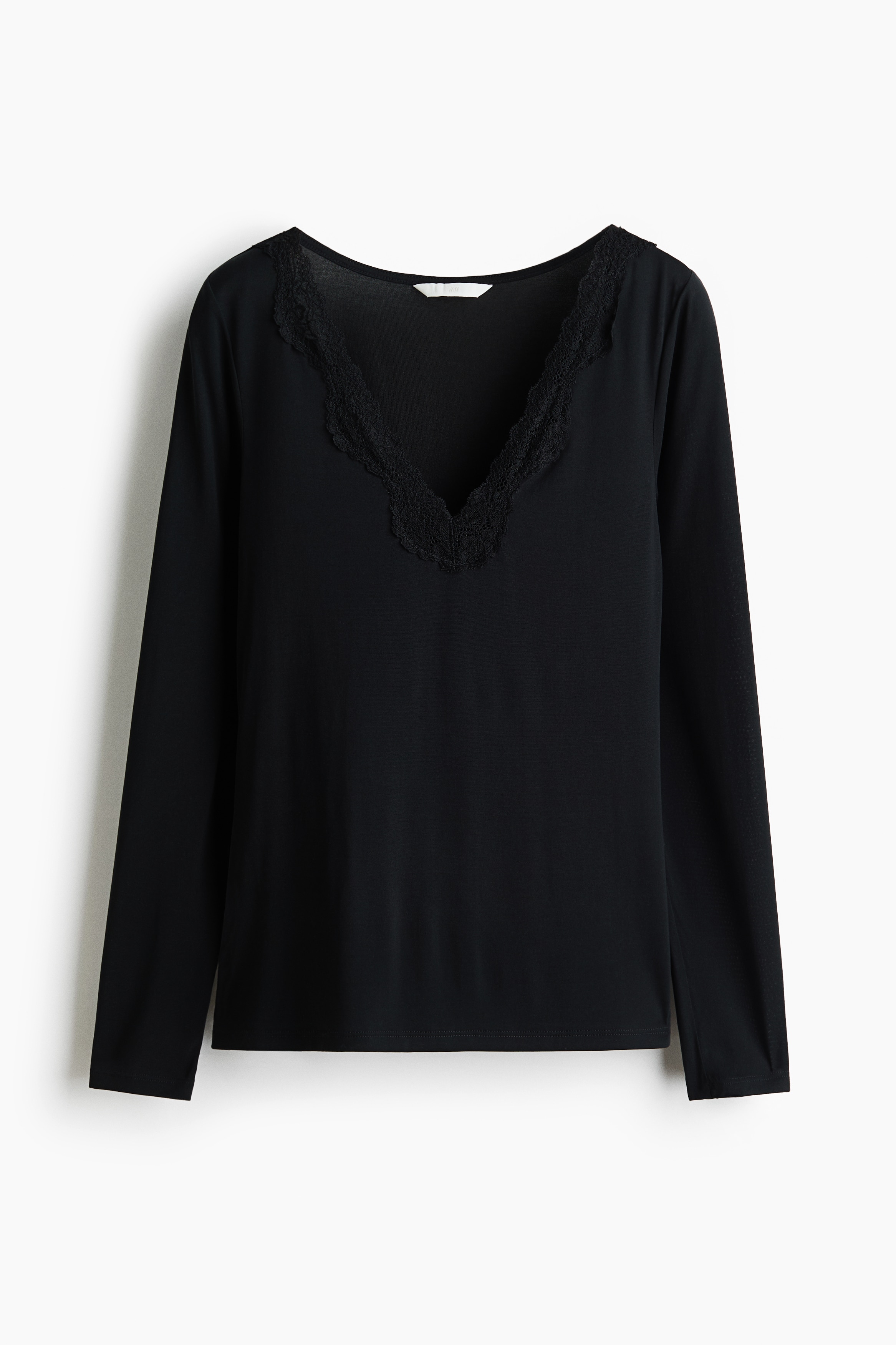 Long-sleeved lace-trimmed top - Black