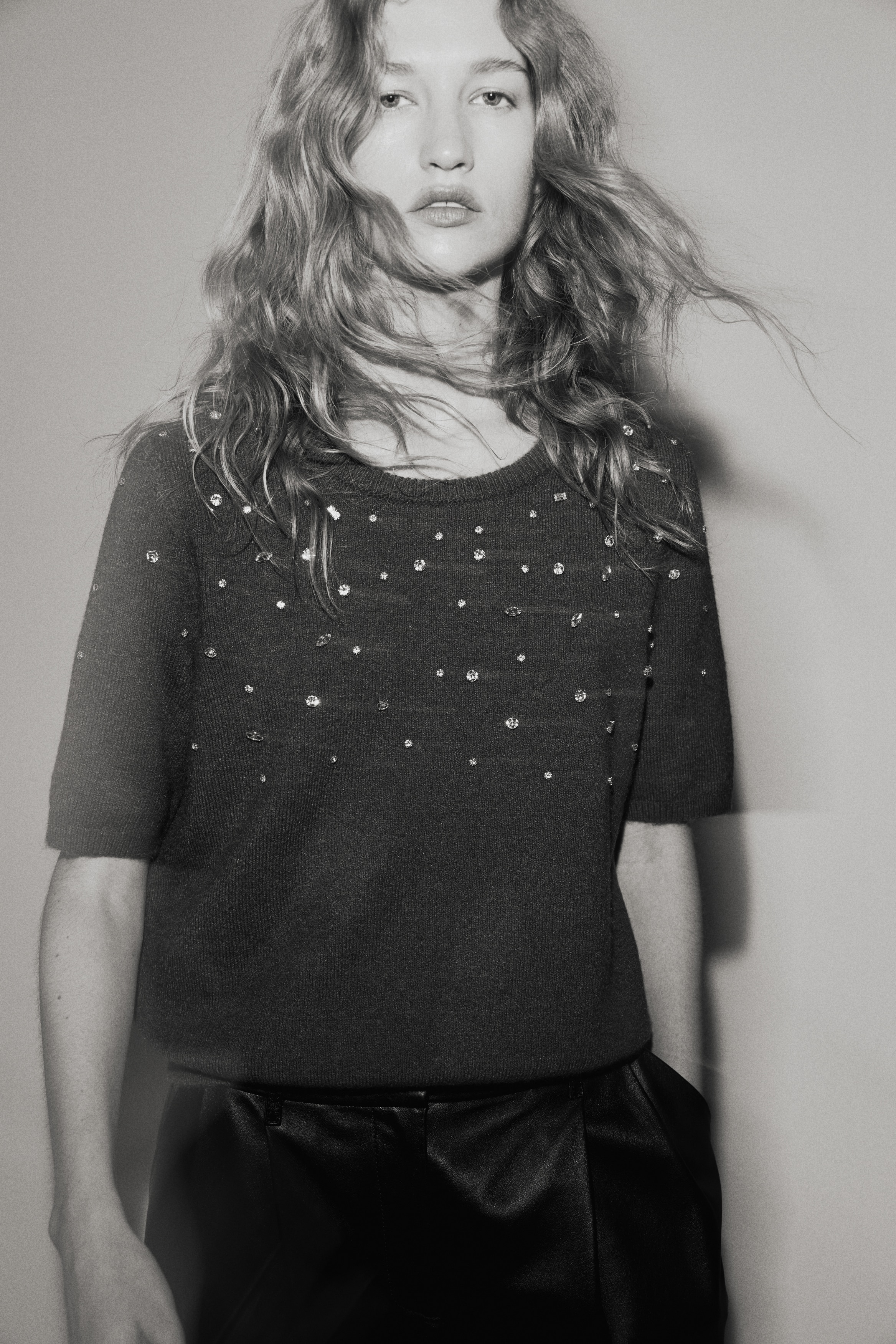 Rhinestone-embellished fine-knit top
