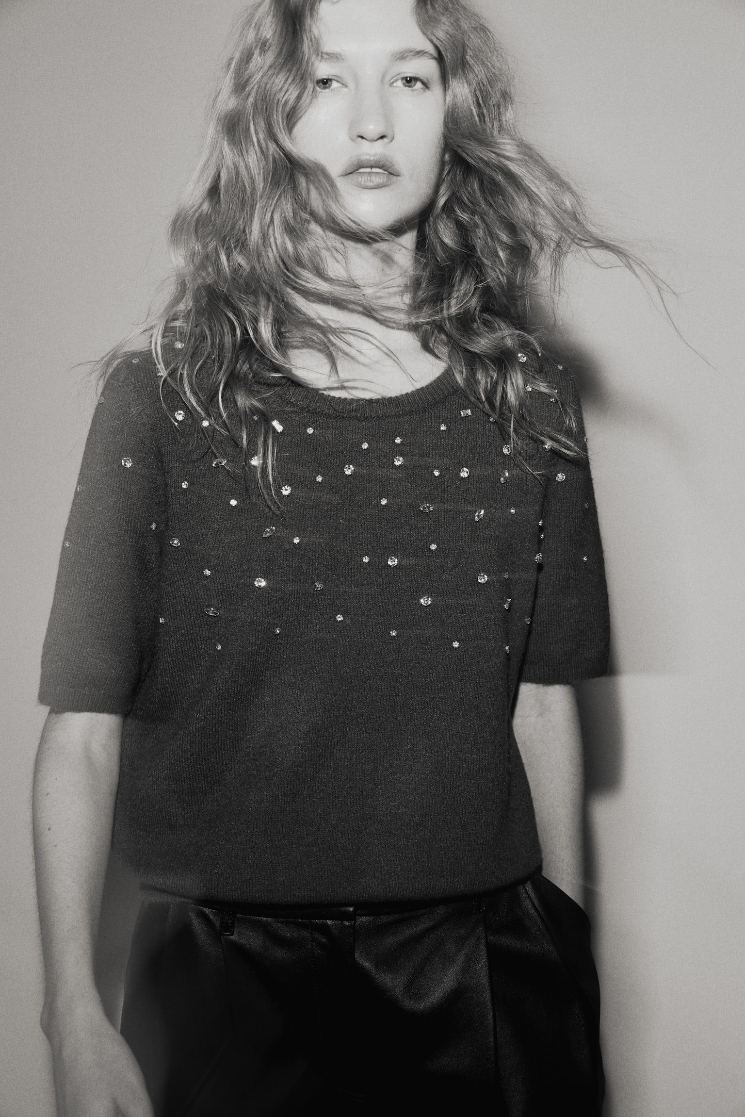 Rhinestone-embellished fine-knit top - Dark khaki green/Dark grey marl/White - 3