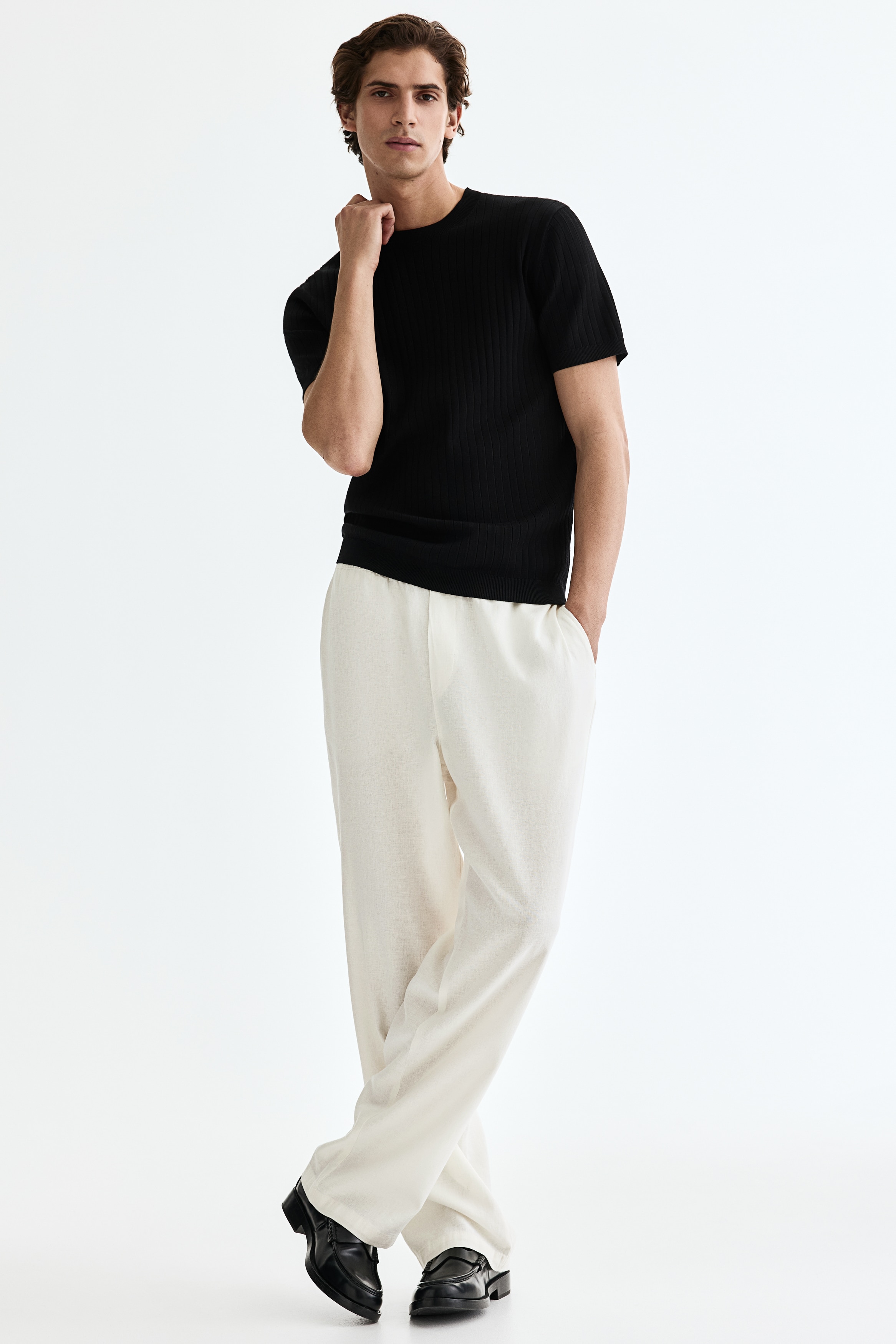 Byxa i linmix Relaxed Fit - Vit/Svart