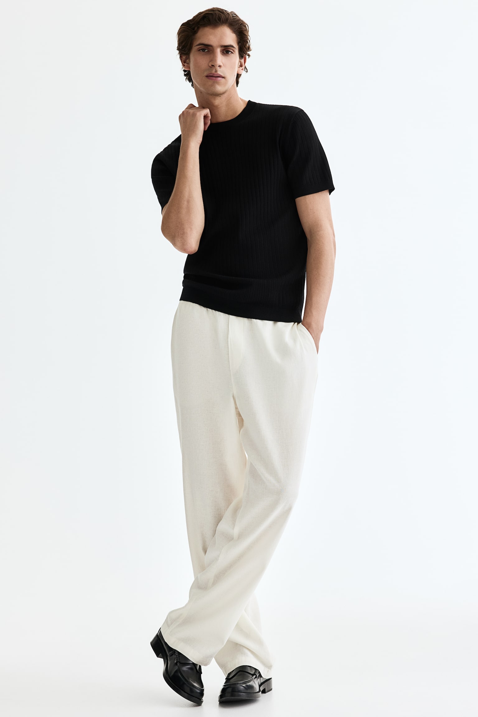 Relaxed Fit Linen-blend trousers - White/Black/White/Striped - 2