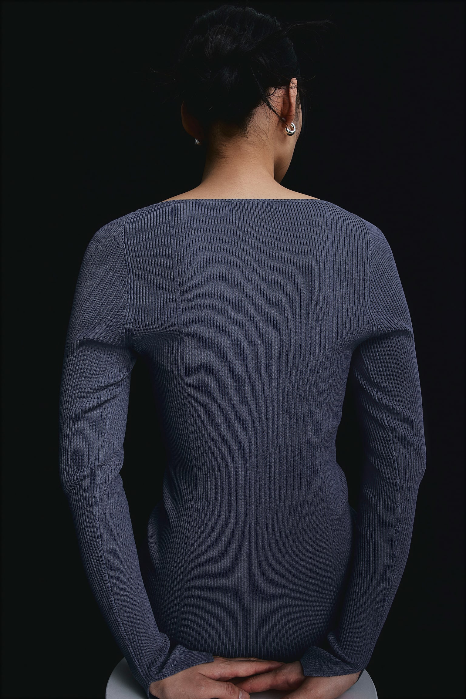 Square Neck Rib Knit Dress - Pigeon blue/Beige - 5