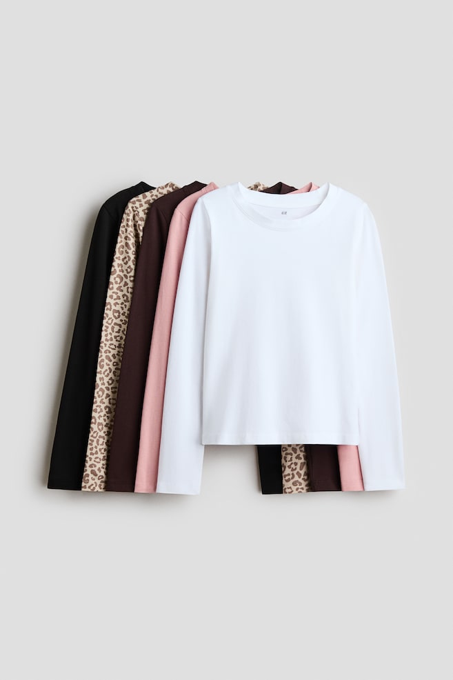 5-pack long-sleeved T-shirts - Dusty pink/Leopard print/Light dusty blue/Striped - 1
