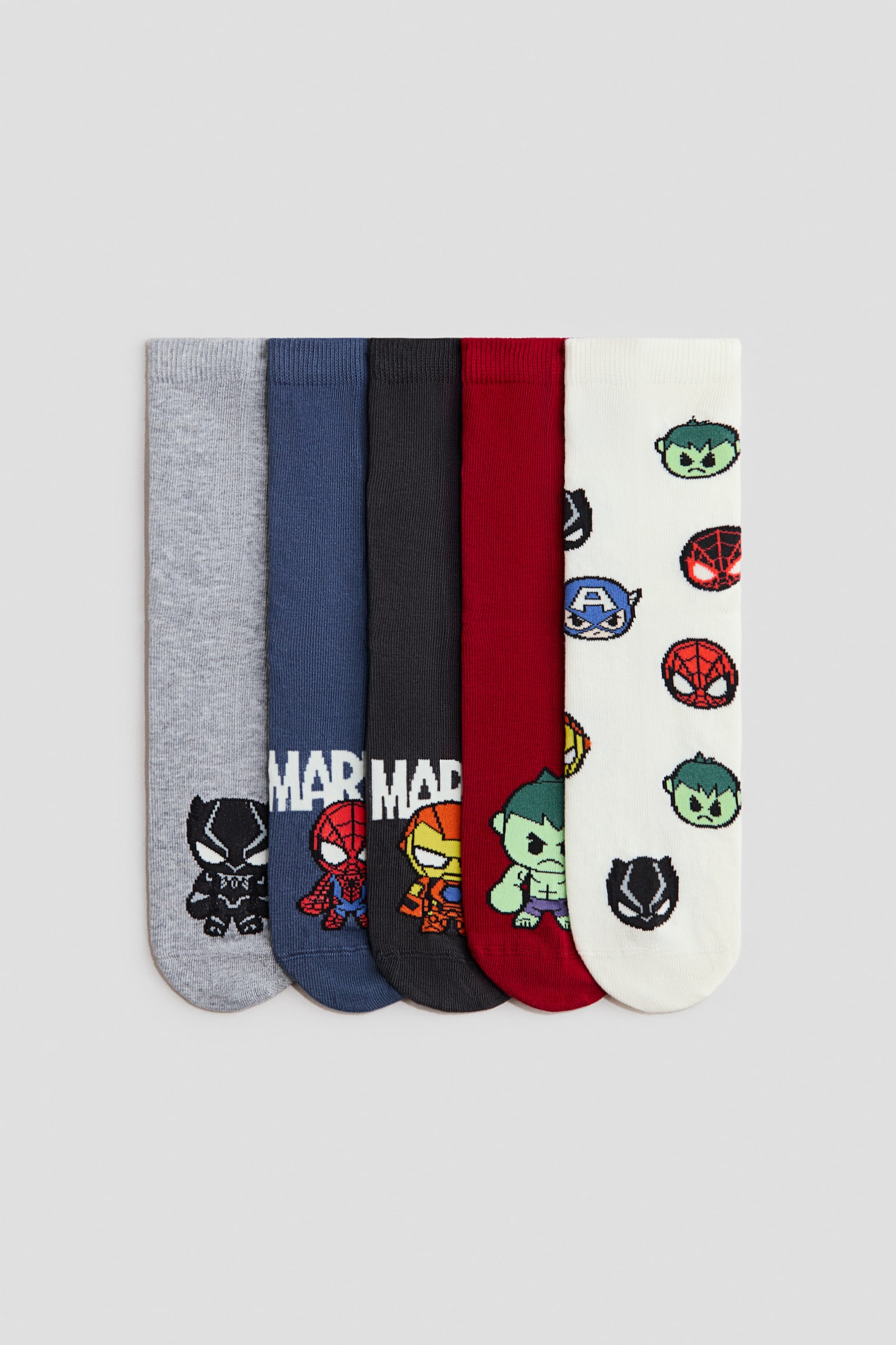 Pack de 5 pares de meias com padrão - Branco/Marvel Comics/Amarelo/Pokémon/Amarelo/Pokémon/Azul/Carros/Azul claro/Bluey/Verde caqui/Jurassic World/Azul/Homem-Aranha/Azul/Sonic the Hedgehog/Cinzento/Marvel Comics
