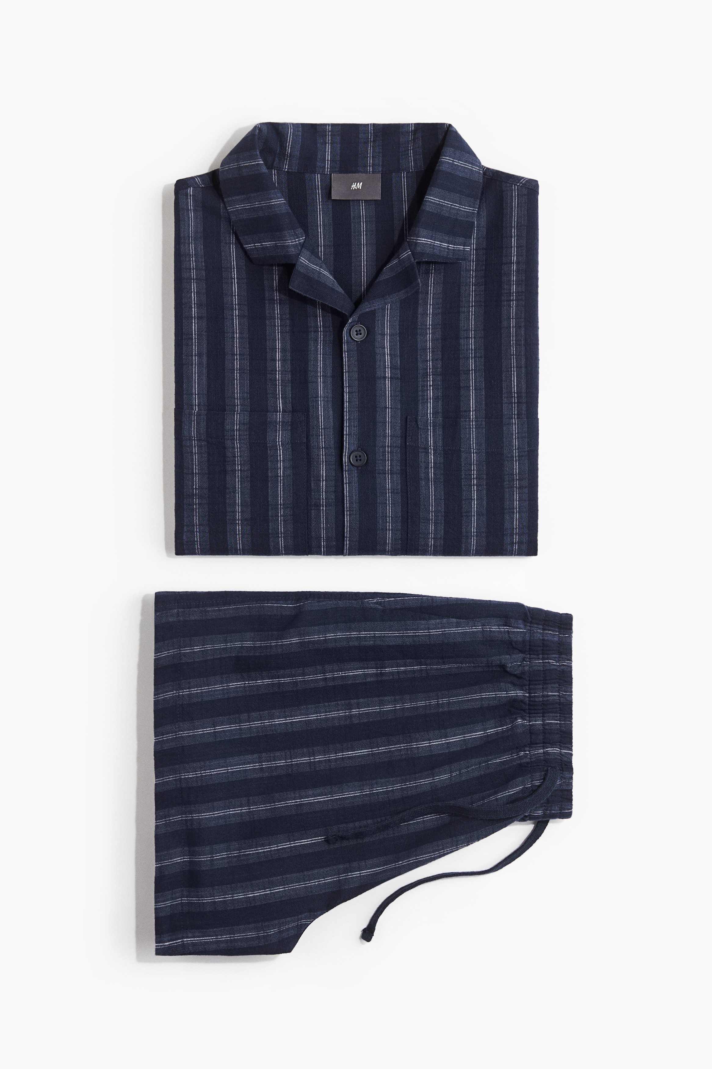 Cotton Pyjama Shirt & Shorts Set - Dark blue/Stripe/White