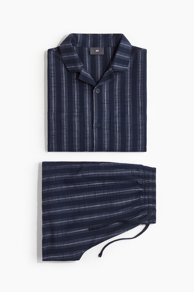 Cotton Pyjama Shirt & Shorts Set - Dark blue/Stripe/White - 1