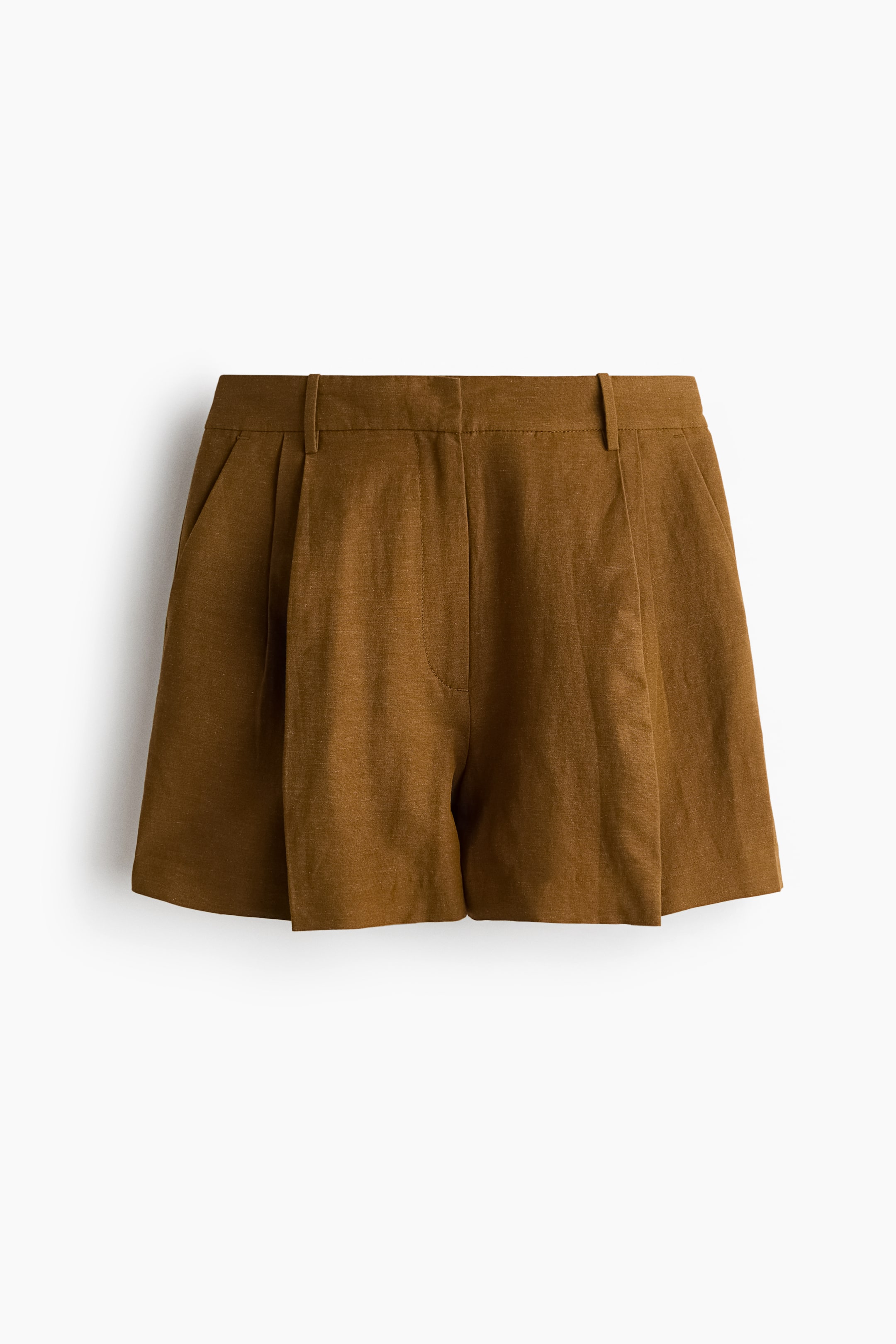 View larger image: Brown shorts feature a pleated front, belt loops, and side pockets, showcasing a textured fabric from a front view.