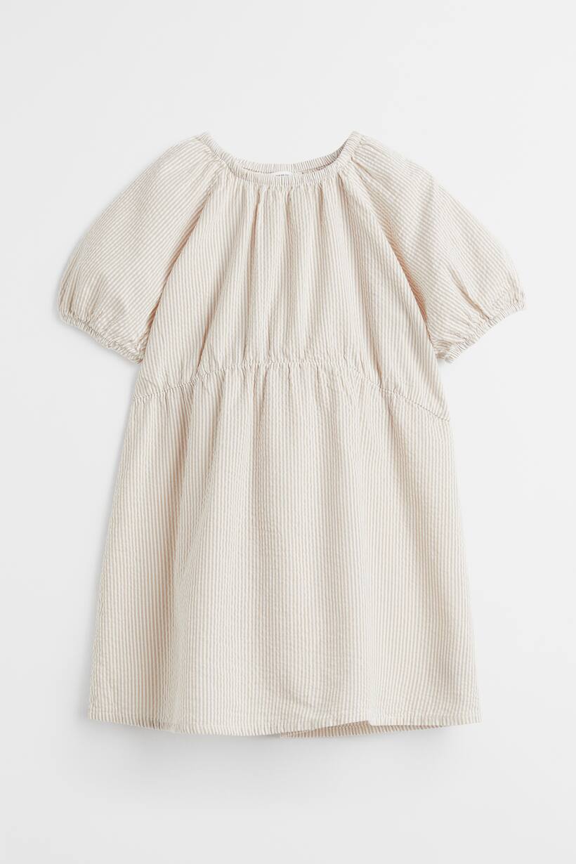 Seersucker dress - Round neck - Short sleeve - Light beige/Striped ...