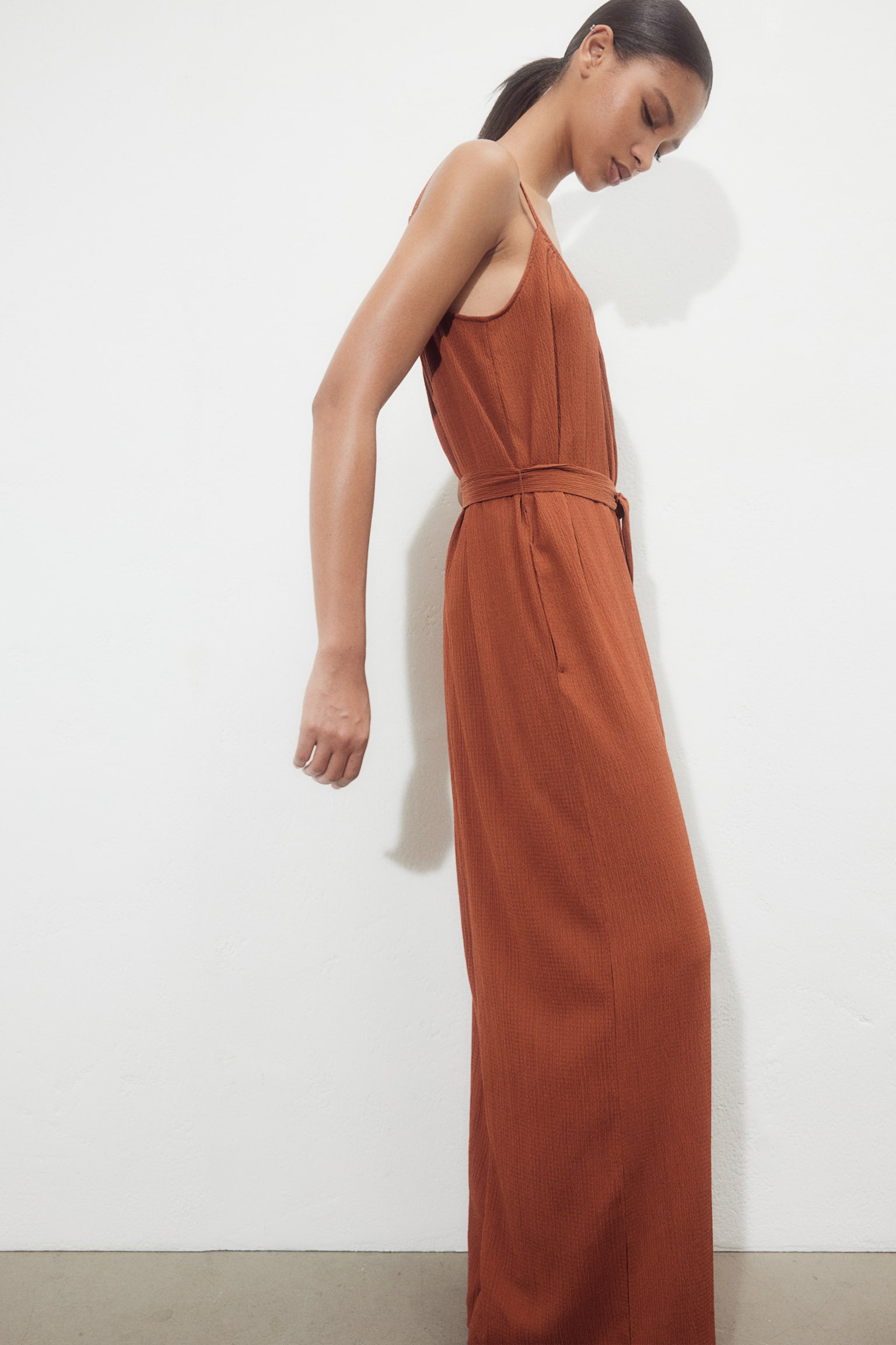 Tie Belt Jersey Jumpsuit - Rust brown/Light beige/Stripe/Black/Light beige/Black pattern - 7