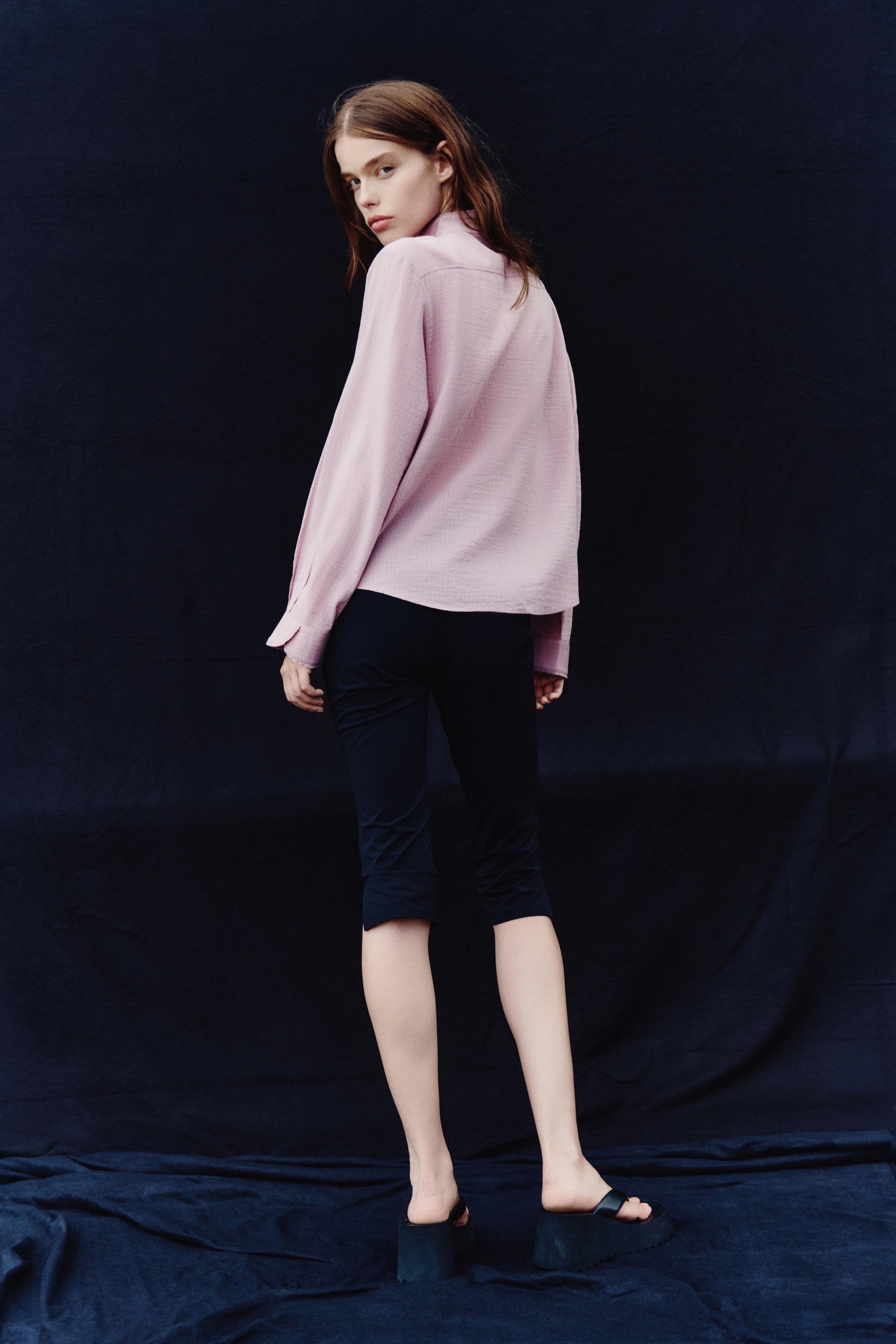 Ruffle-Trimmed Stand-Up Collar Shirt