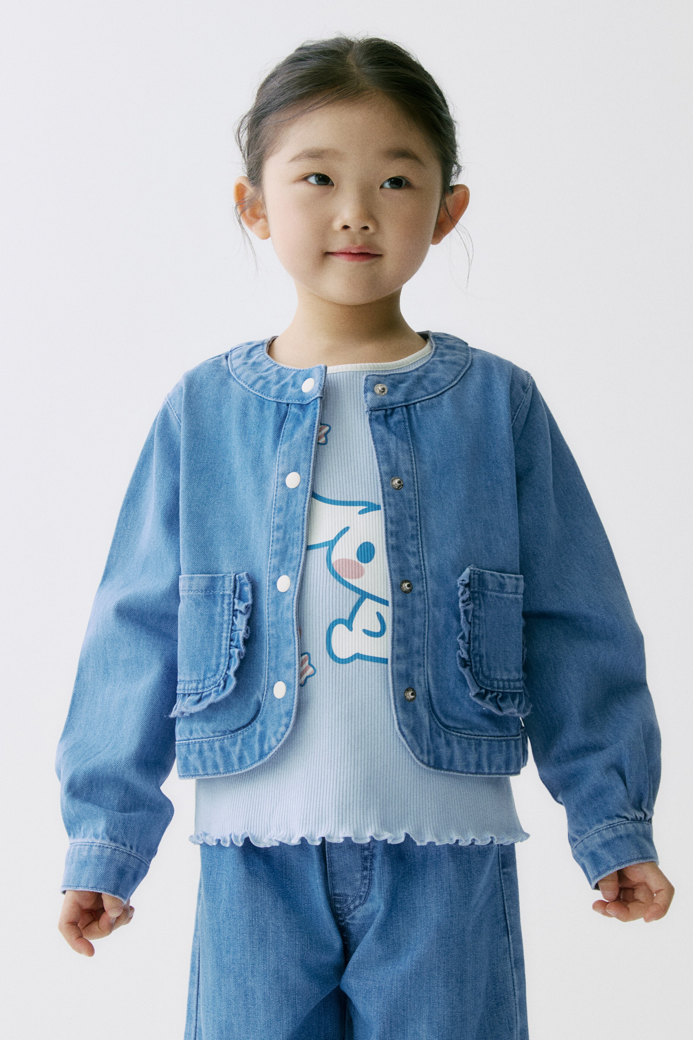 Frill-trimmed denim jacket - Denim blue