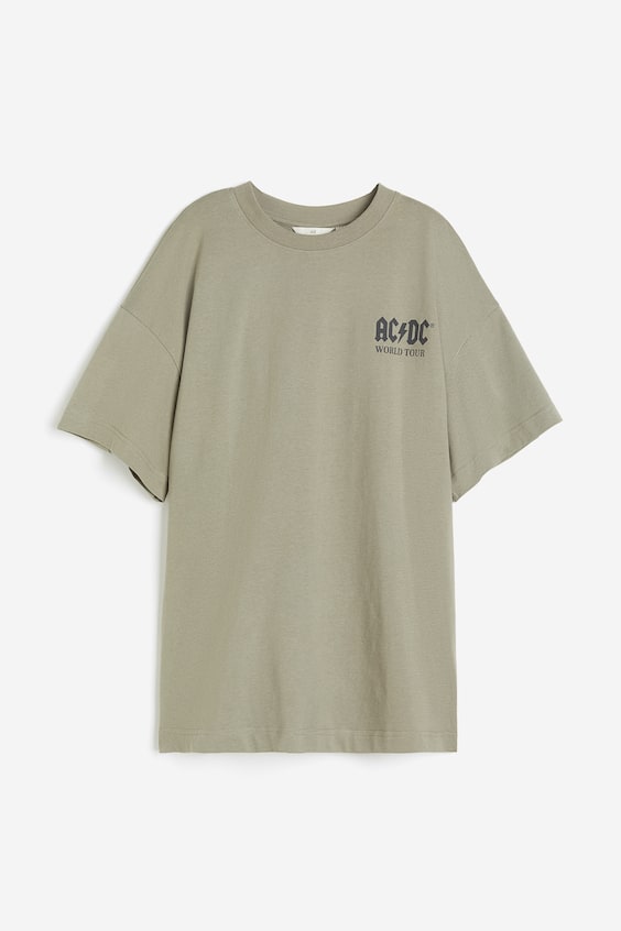 Long Printed T-shirt - Round Neck - Short sleeve - Khaki green/AC/DC ...