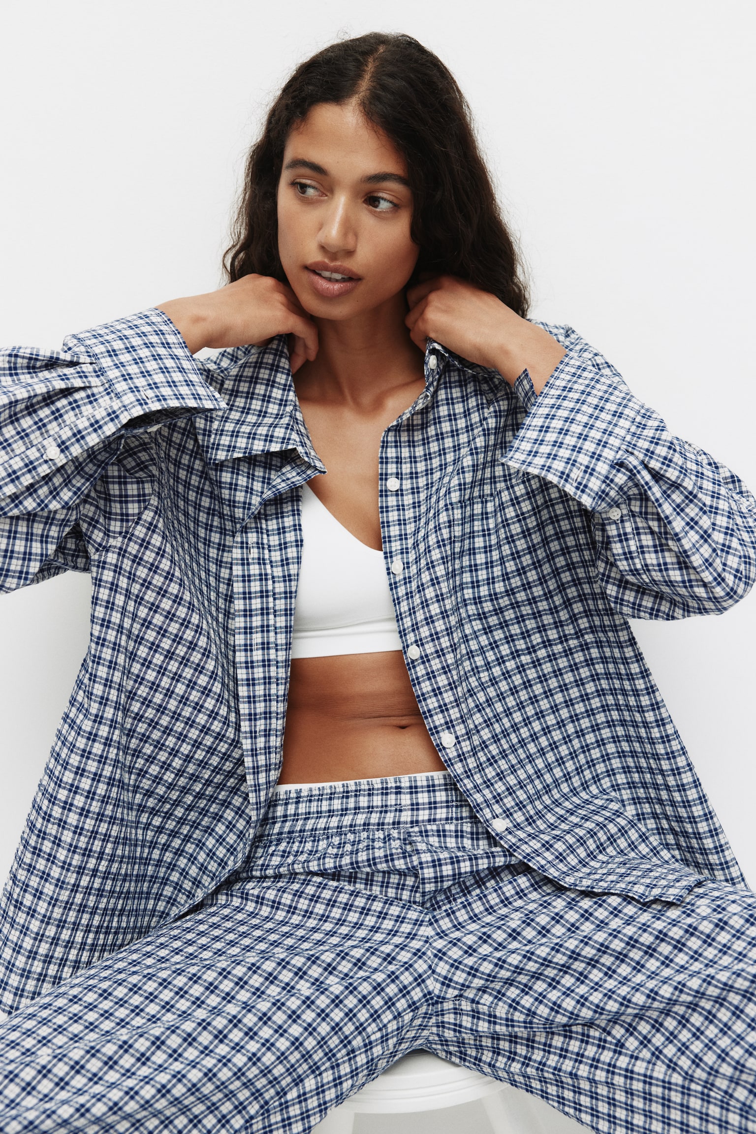 Cotton seersucker pyjamas - Dark blue/Checked/Light pink/Checked - 4