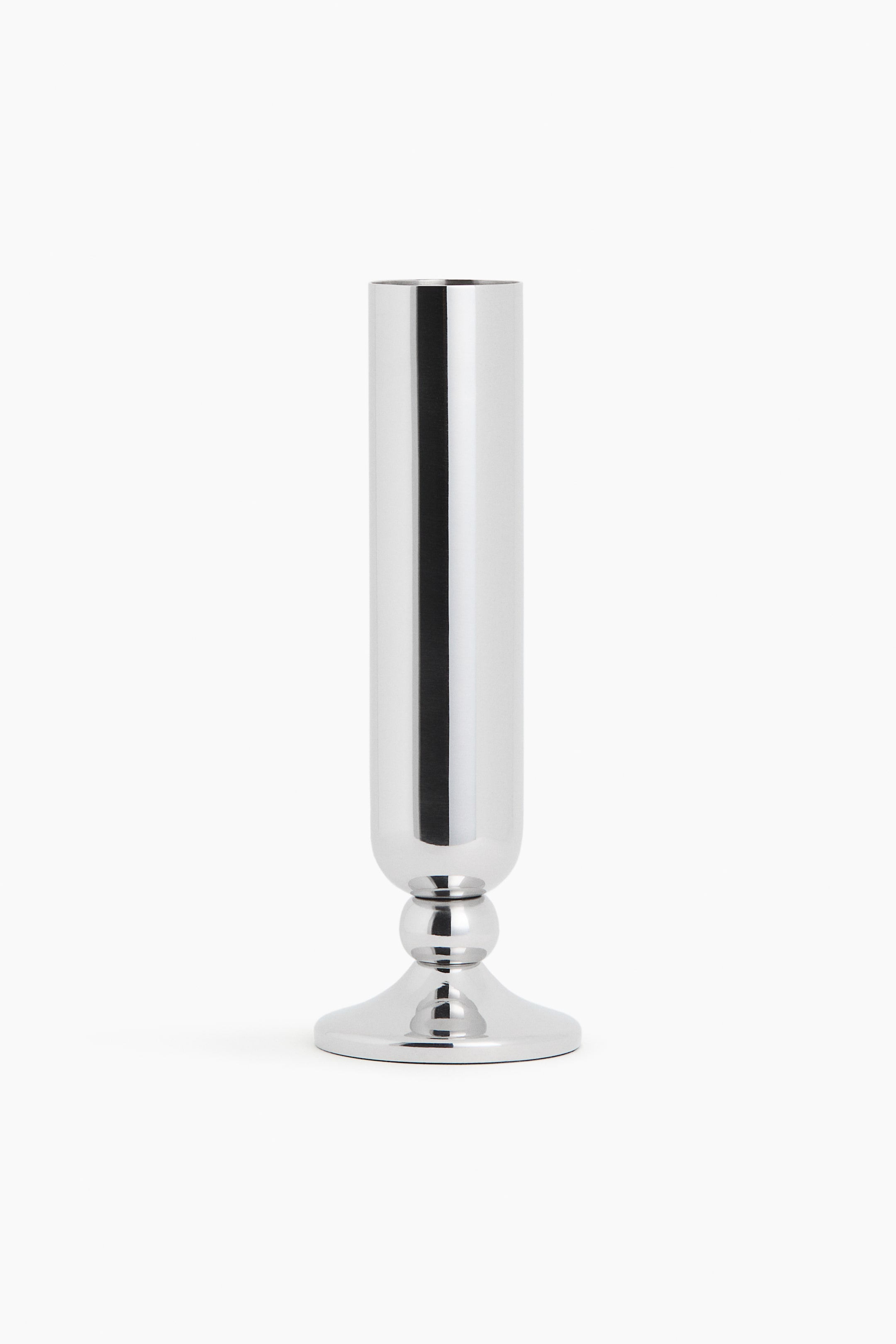 View larger image: The product is a tall, slender, silver-toned object, featuring a highly reflective finish. Its cylindrical upper body narrows to a spherical detail, which rests on a wide, circular pedestal base.