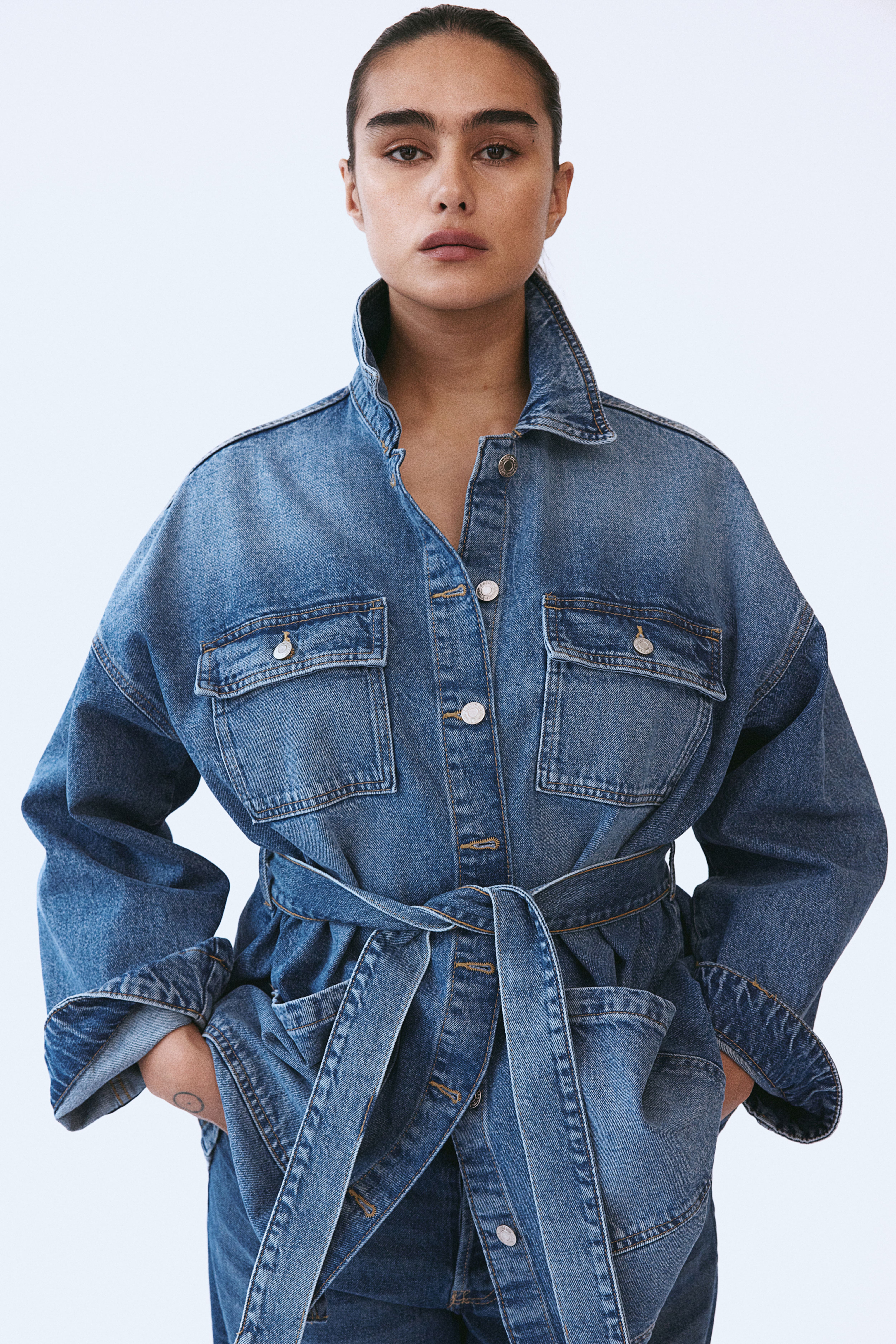 Tie belt denim jacket