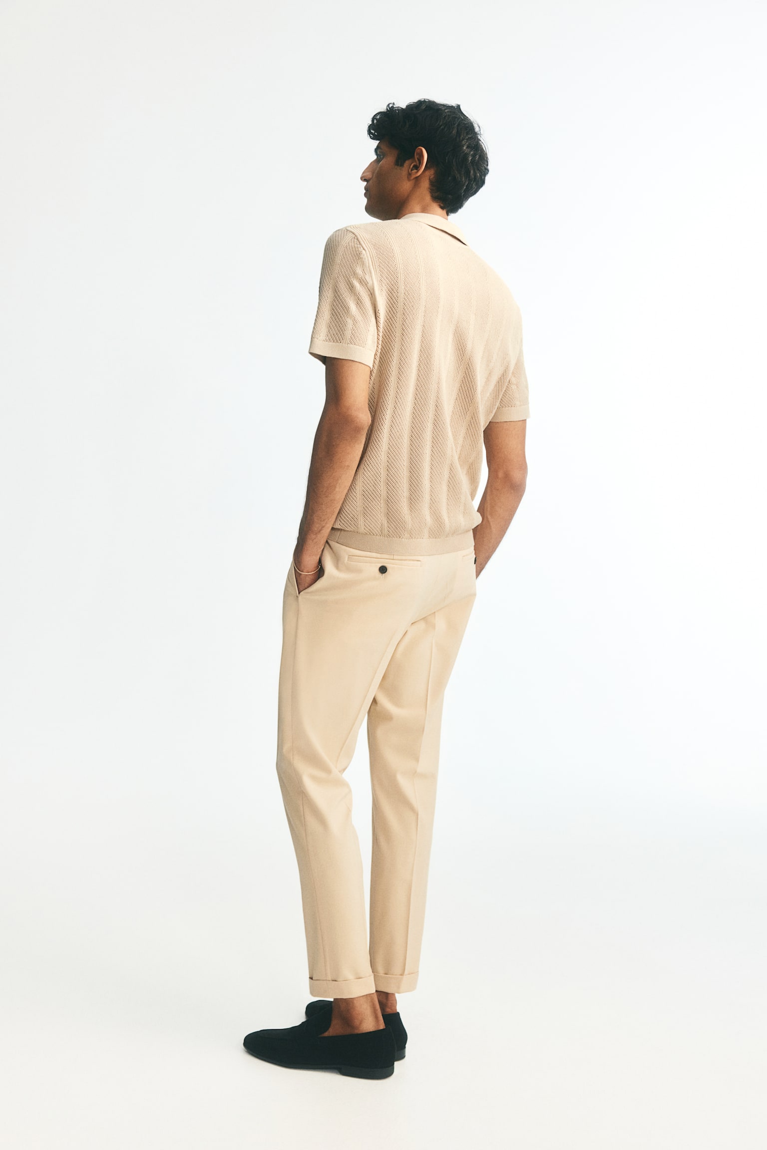 Slim Fit Ankle-length trousers - Beige/White/Black - 5