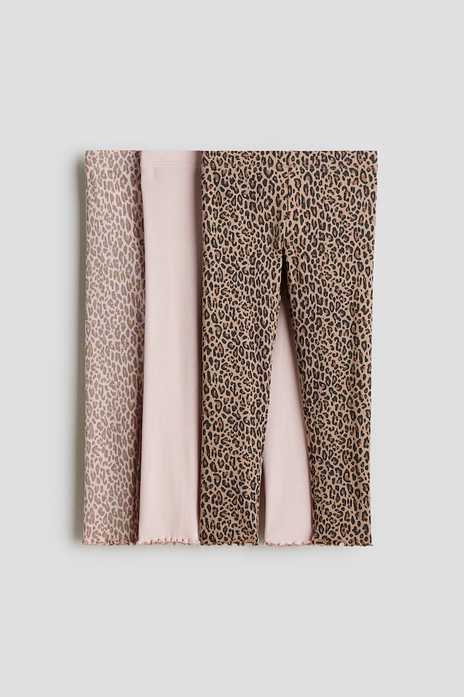 3-pack ribbed cotton leggings - Light pink/Leopard print/Lilac/Rainbows - 1
