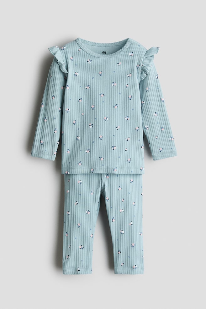 Ensemble 2 pièces en coton côtelé - Turquoise clair/fleuri/Blanc/cœurs/Rose clair/Ma Chérie - 1