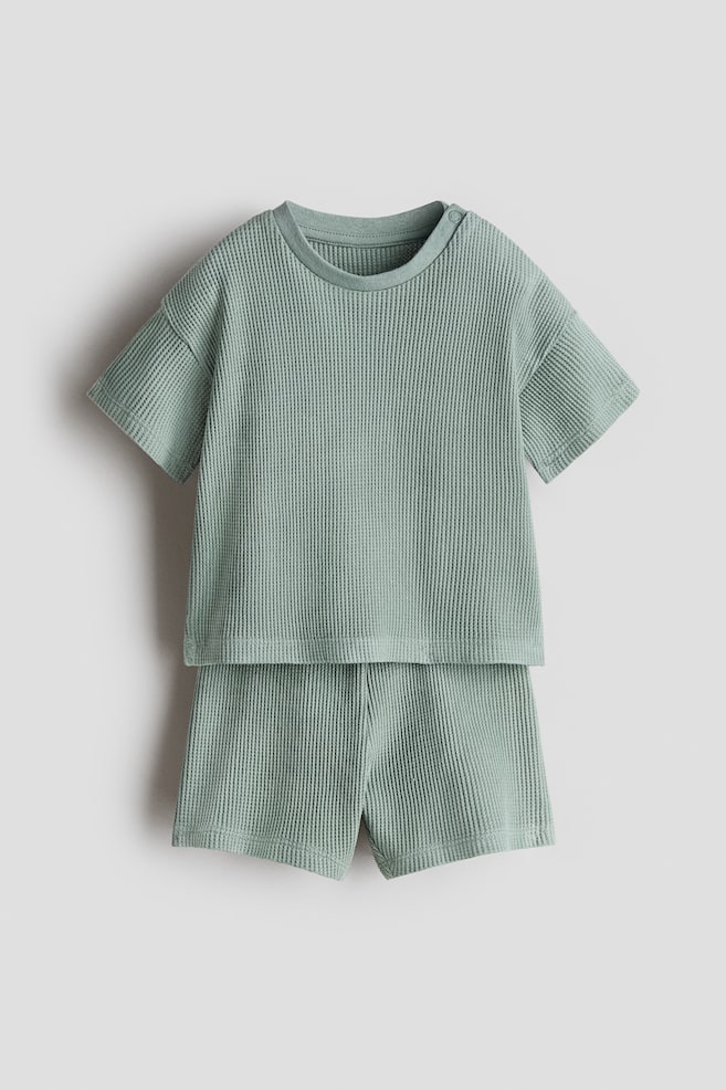 2-piece Waffled Cotton Set - Green/Brown/Dark gray/Light blue/striped - 1