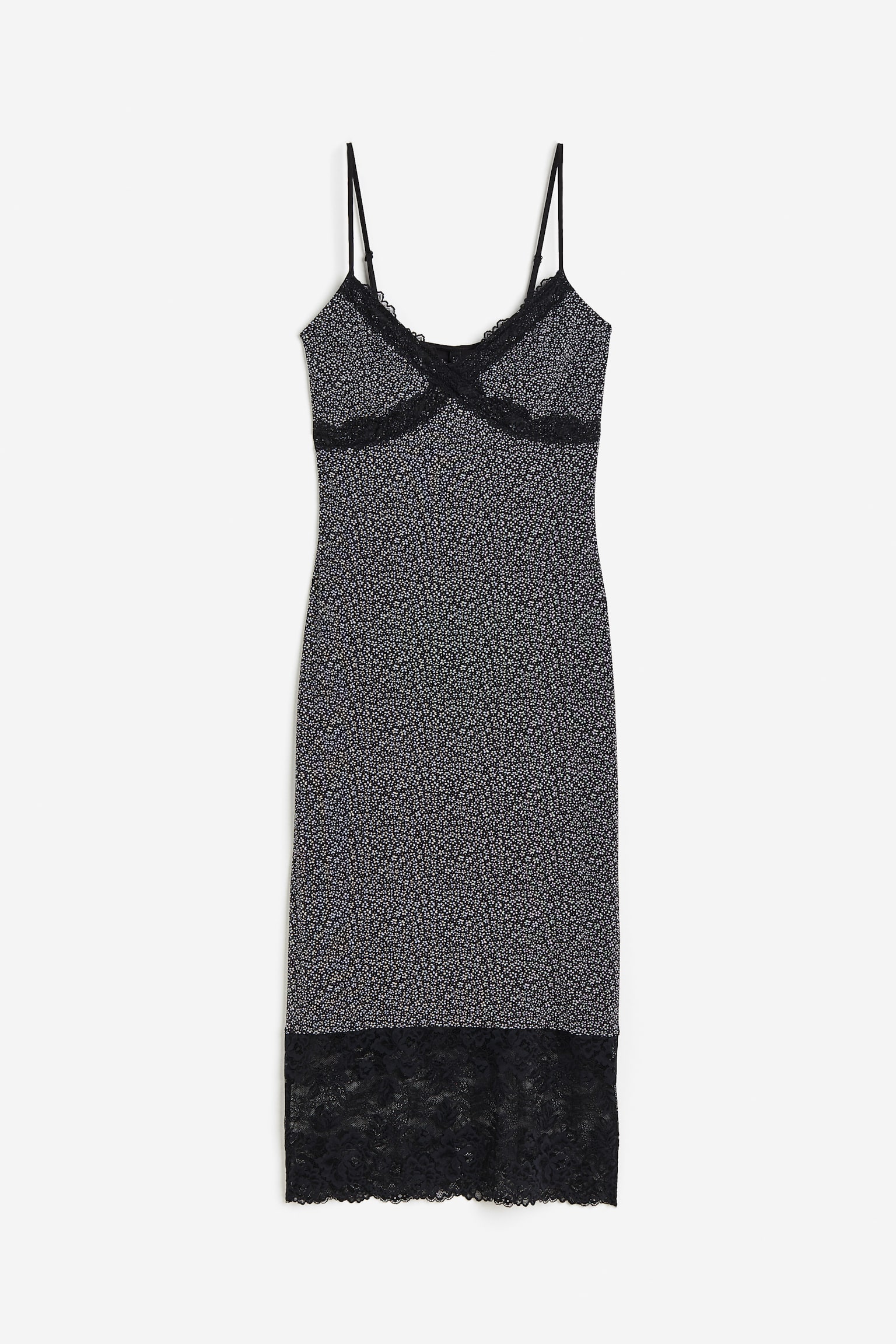 Lace Trim Mesh Dress - Black/Floral/Black - 1