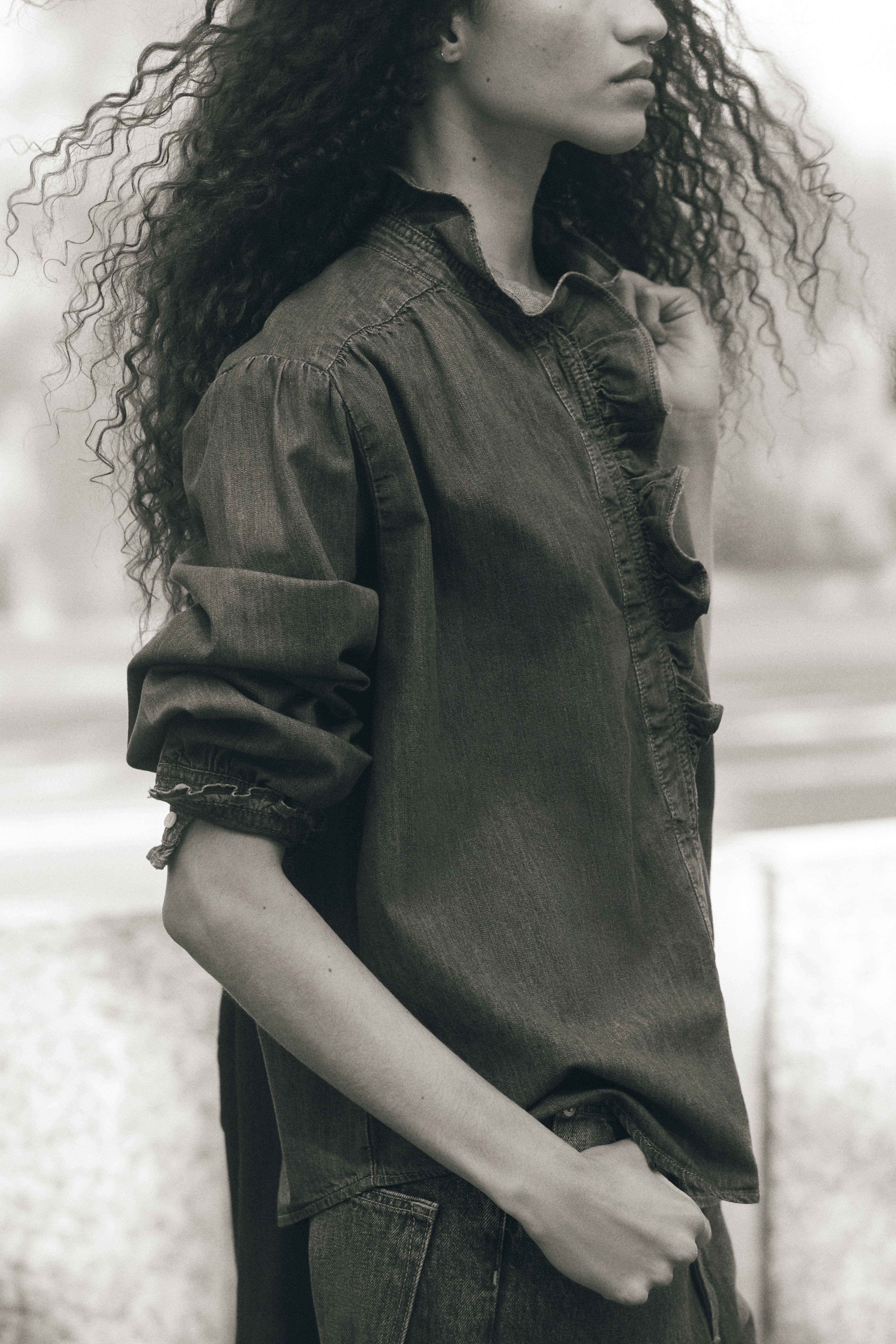 Ruffle-Trimmed Denim Blouse