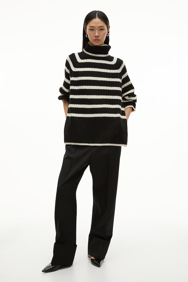Rib-knit polo-neck jumper - Black/Striped/White/Striped/Beige - 6