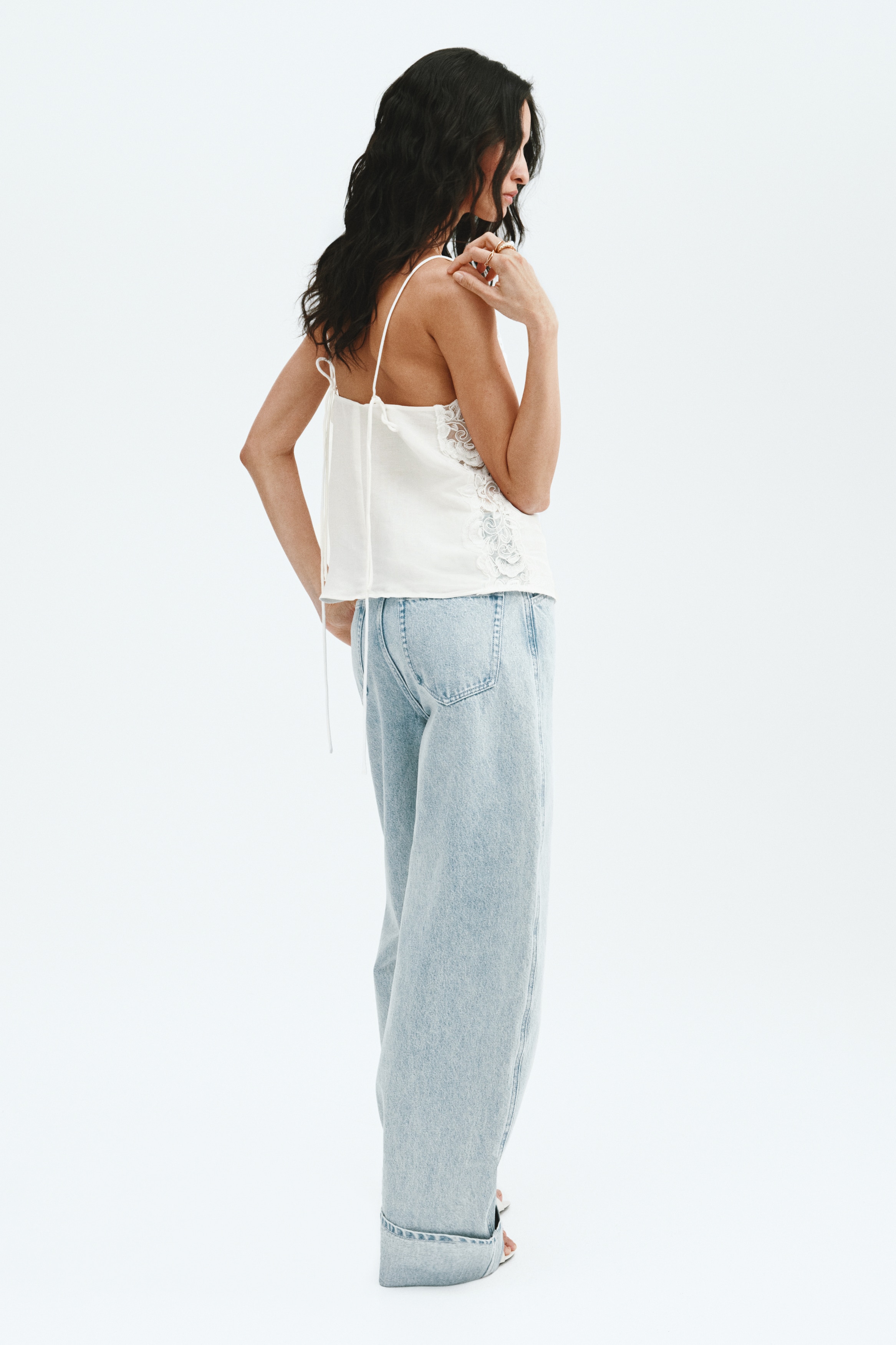 Women's White Linen-blend lace-detail top | H&M SG