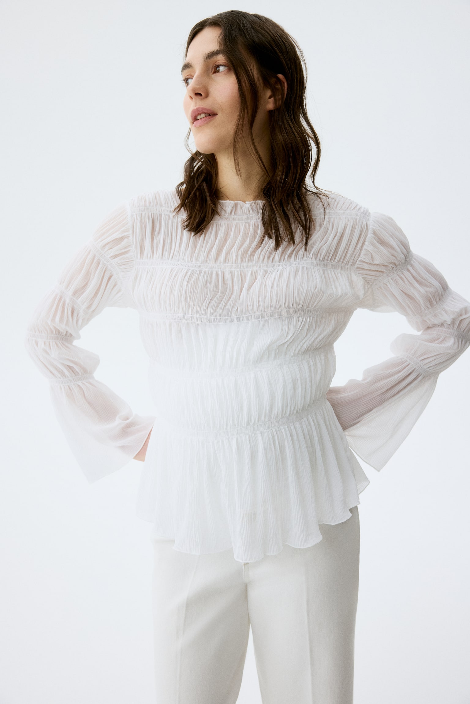 MAMA Gesmoktes Shirt mit U-Boot-Ausschnitt - Weiss/Schwarz - 2