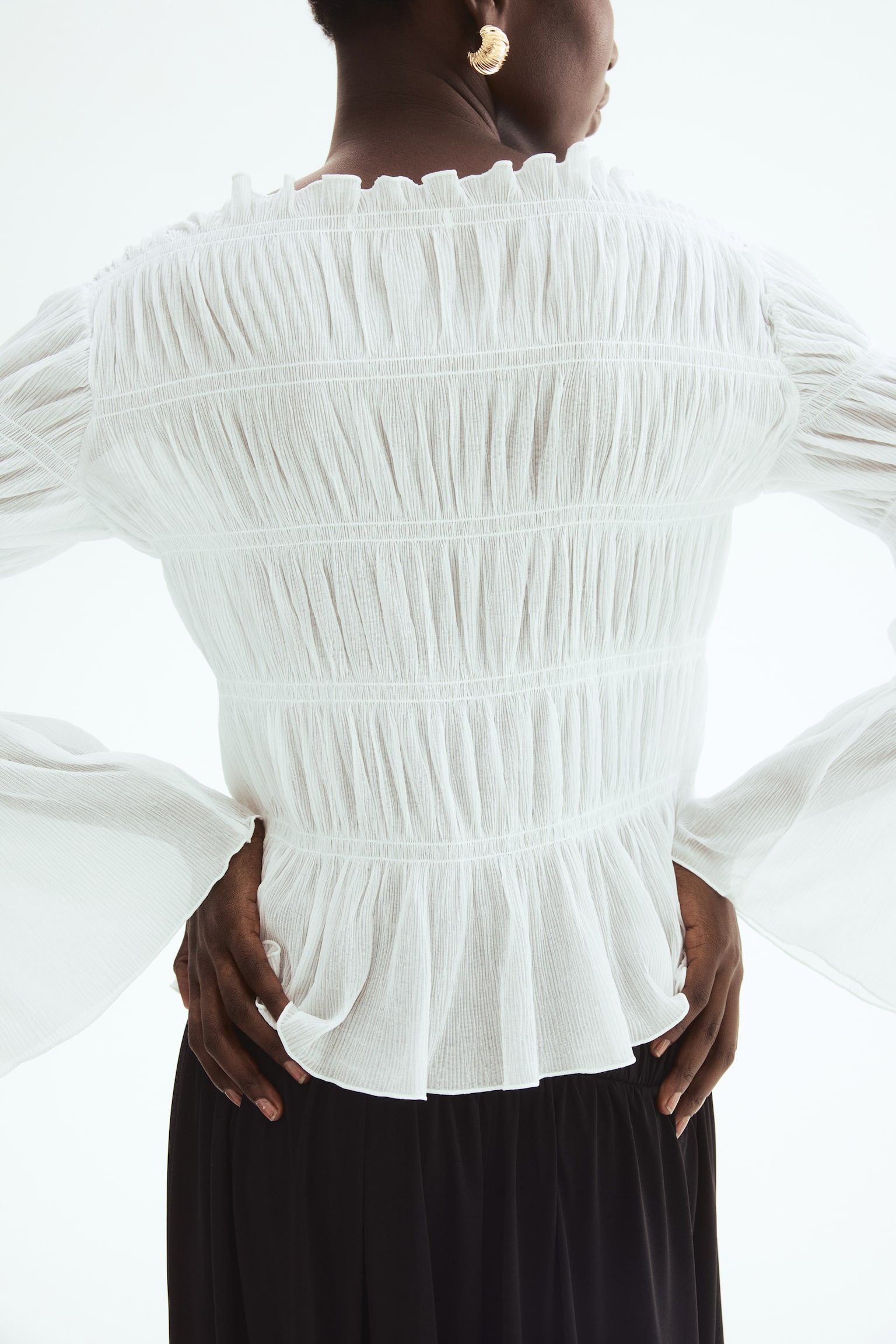 Smocked boat-neck top - White - 3