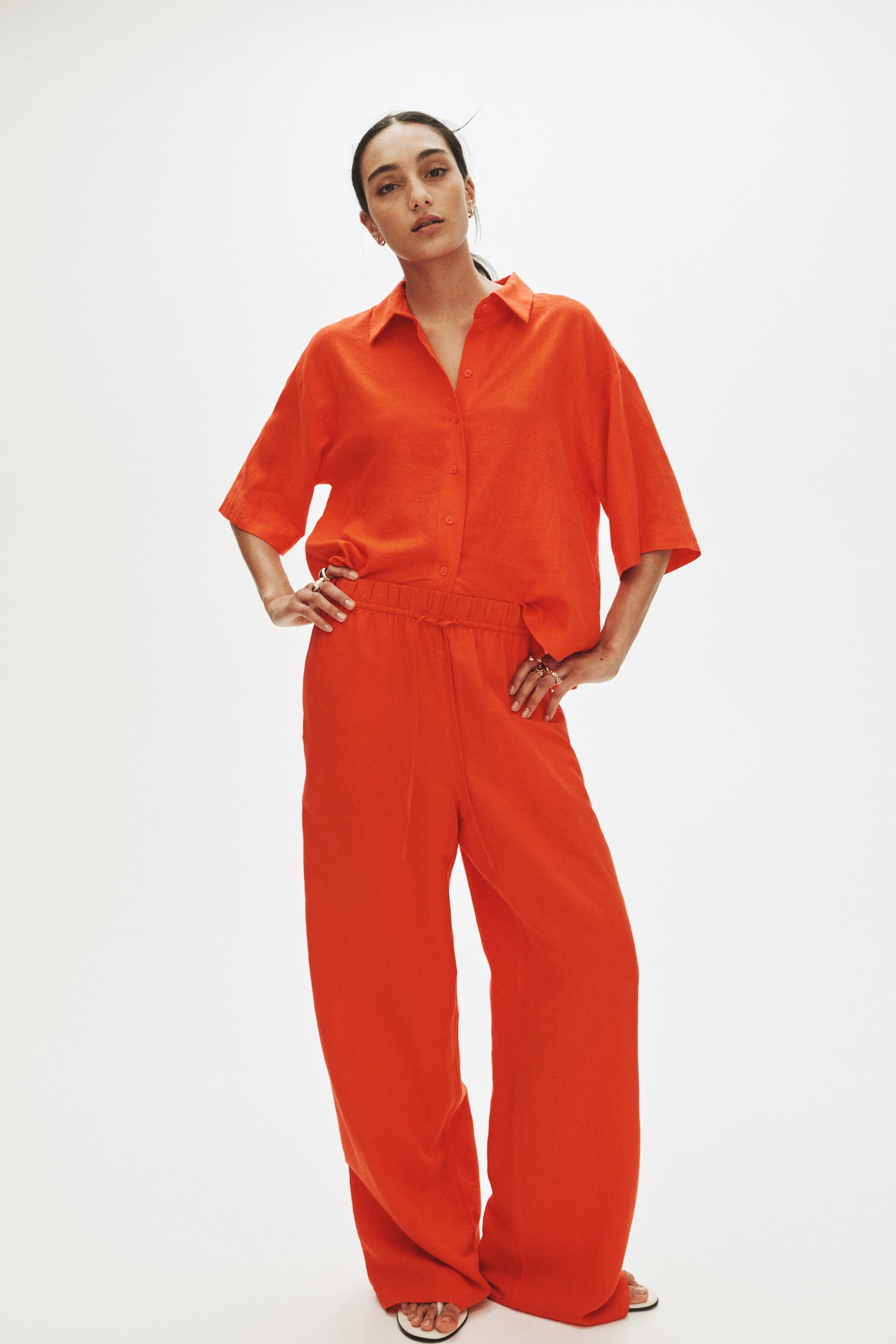 Linen-blend trousers - Bright red/Navy blue/Brown/Light yellow/White/Striped - 7