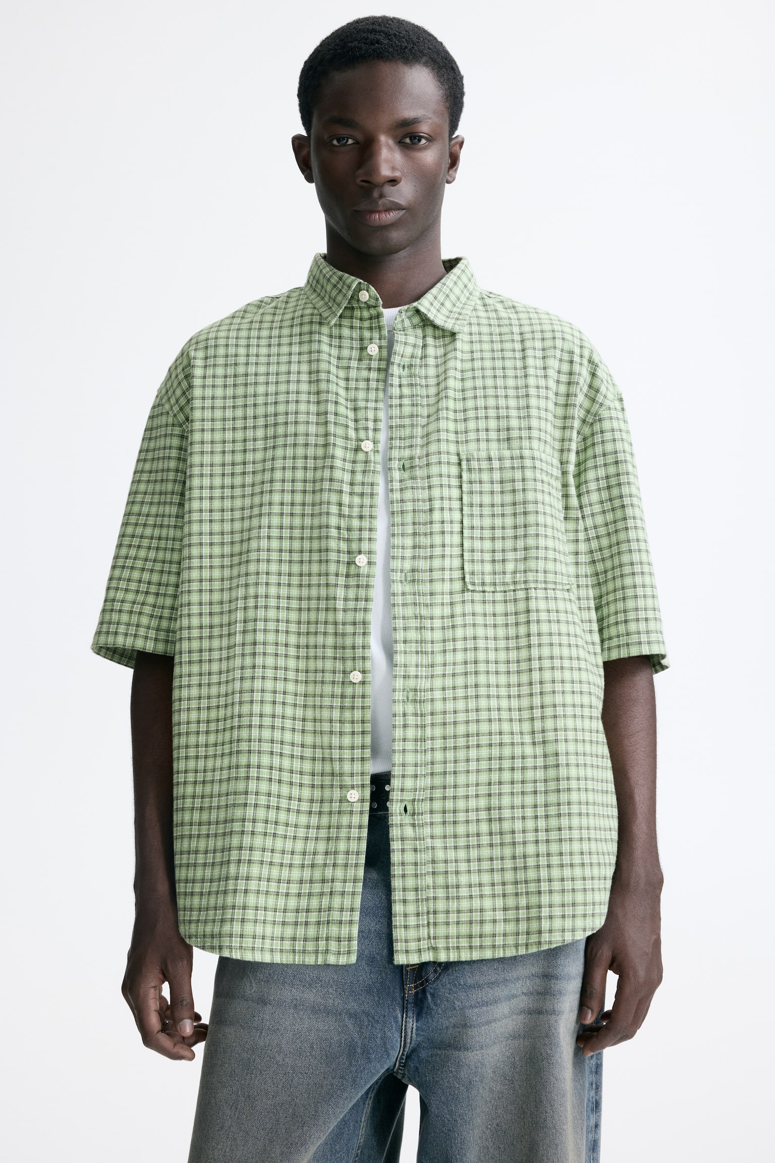 Relaxed Fit Cotton flannel shirt - Light green/Checked/Light blue/Checked - 5