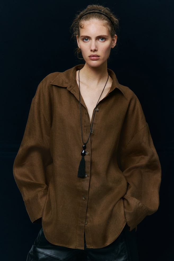 Oversized Linen Shirt-Khaki green - 5