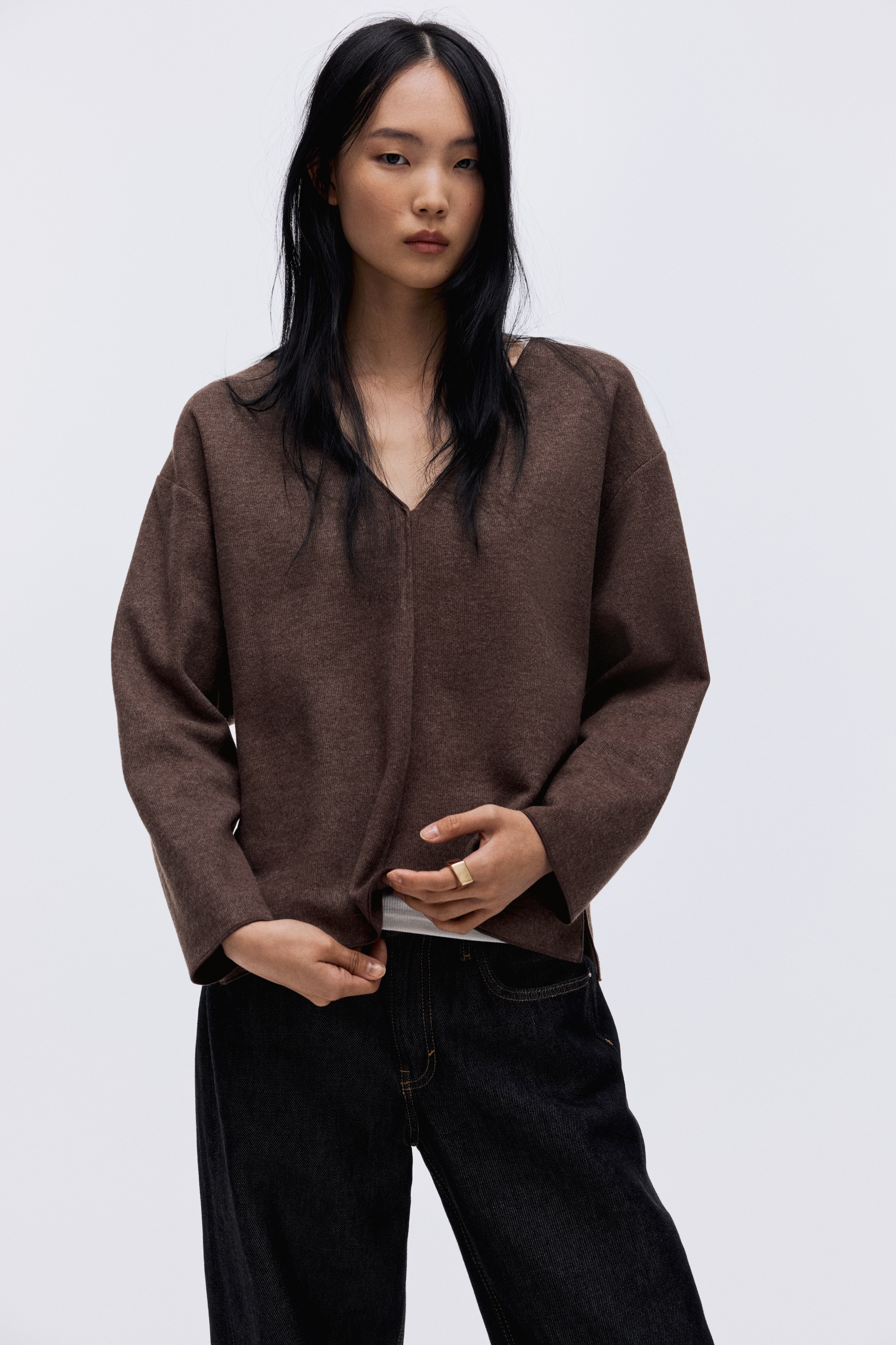 Top con scollo a V in maglia a costine - Marrone mélange/Grigio scuro mélange/Beige