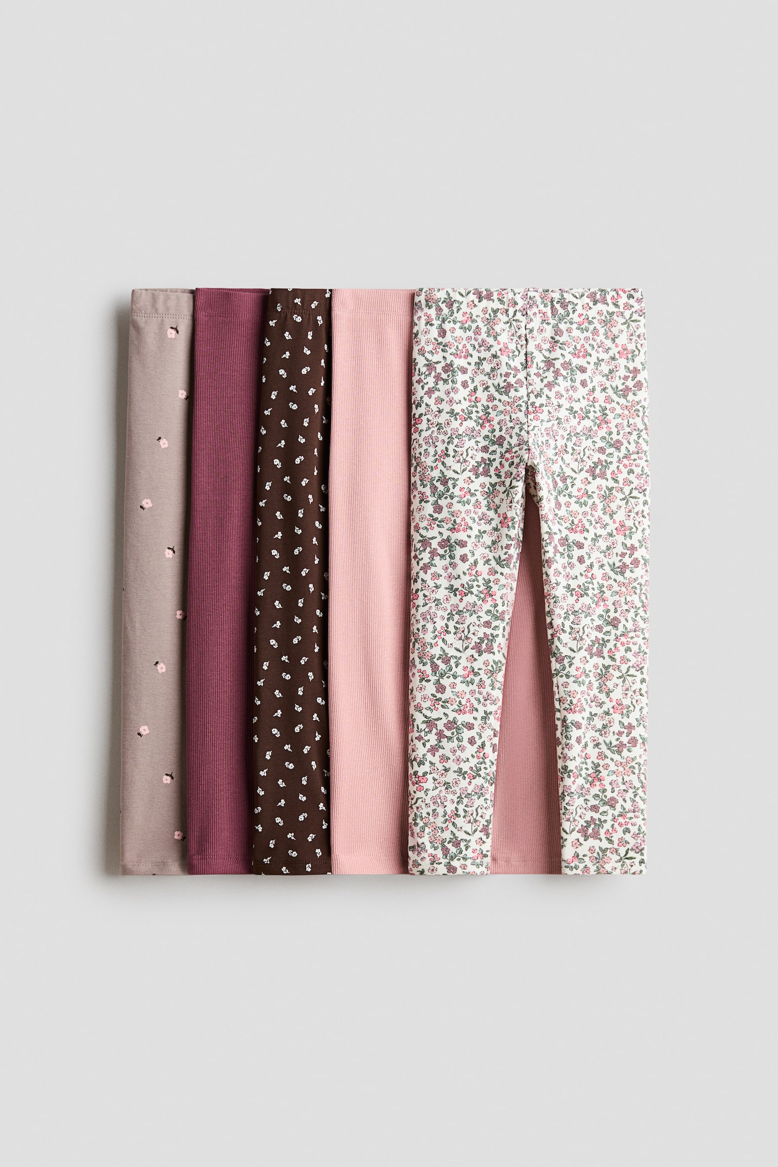 Set van 5 katoenen leggings - Beige/bloemen/Lichtroze/hartjes