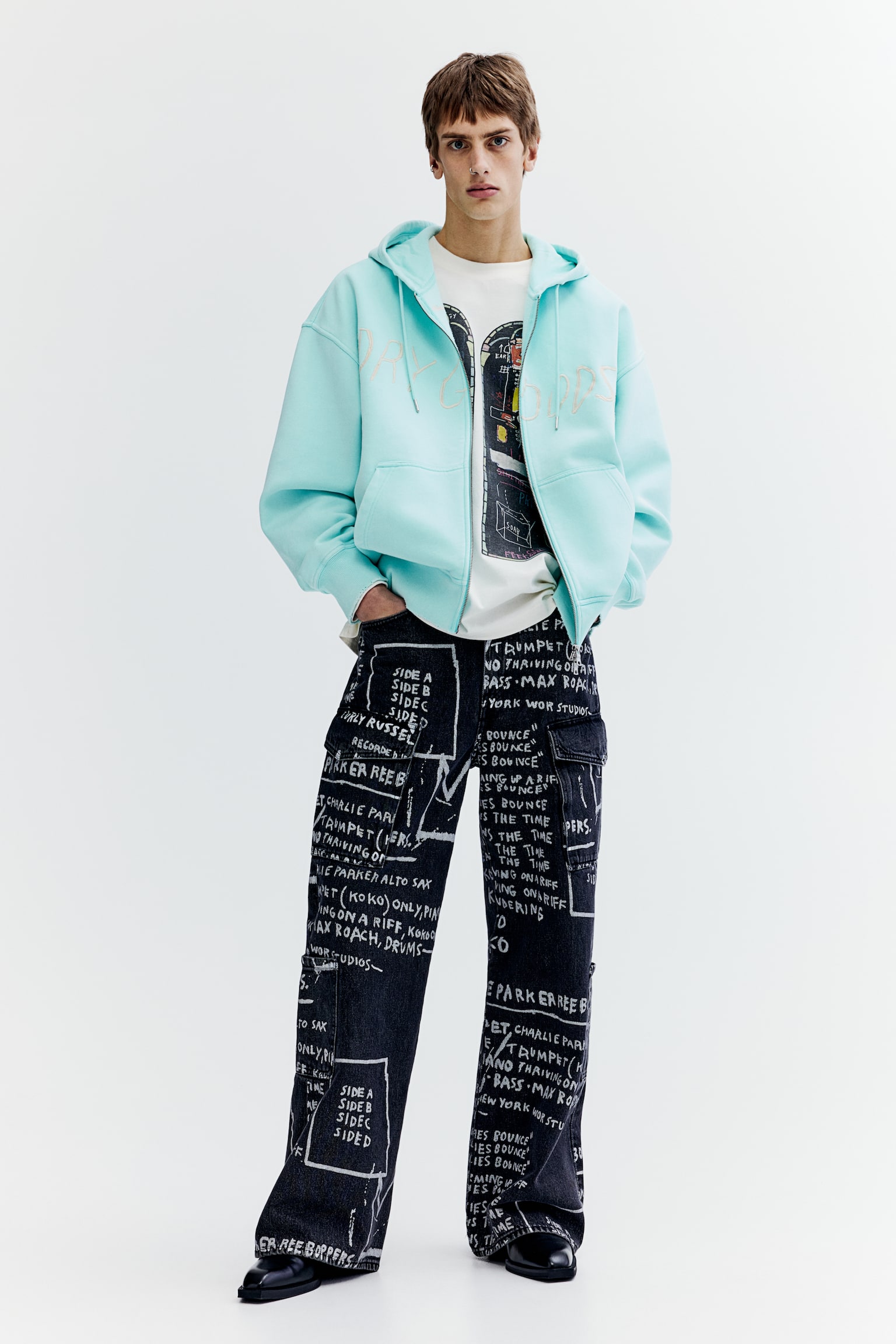 Oversized Fit Cotton zip-through hoodie - Turquoise/Basquiat - 1