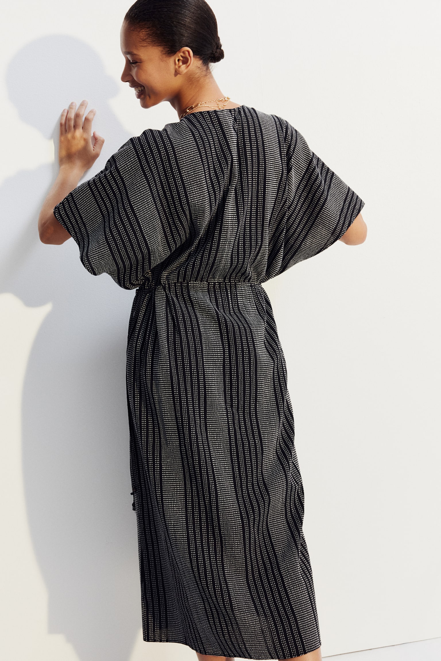 Robe caftan avec cordon de serrage - Noir/rayé/Blanc/rayures bleues/Crème/motif - 6