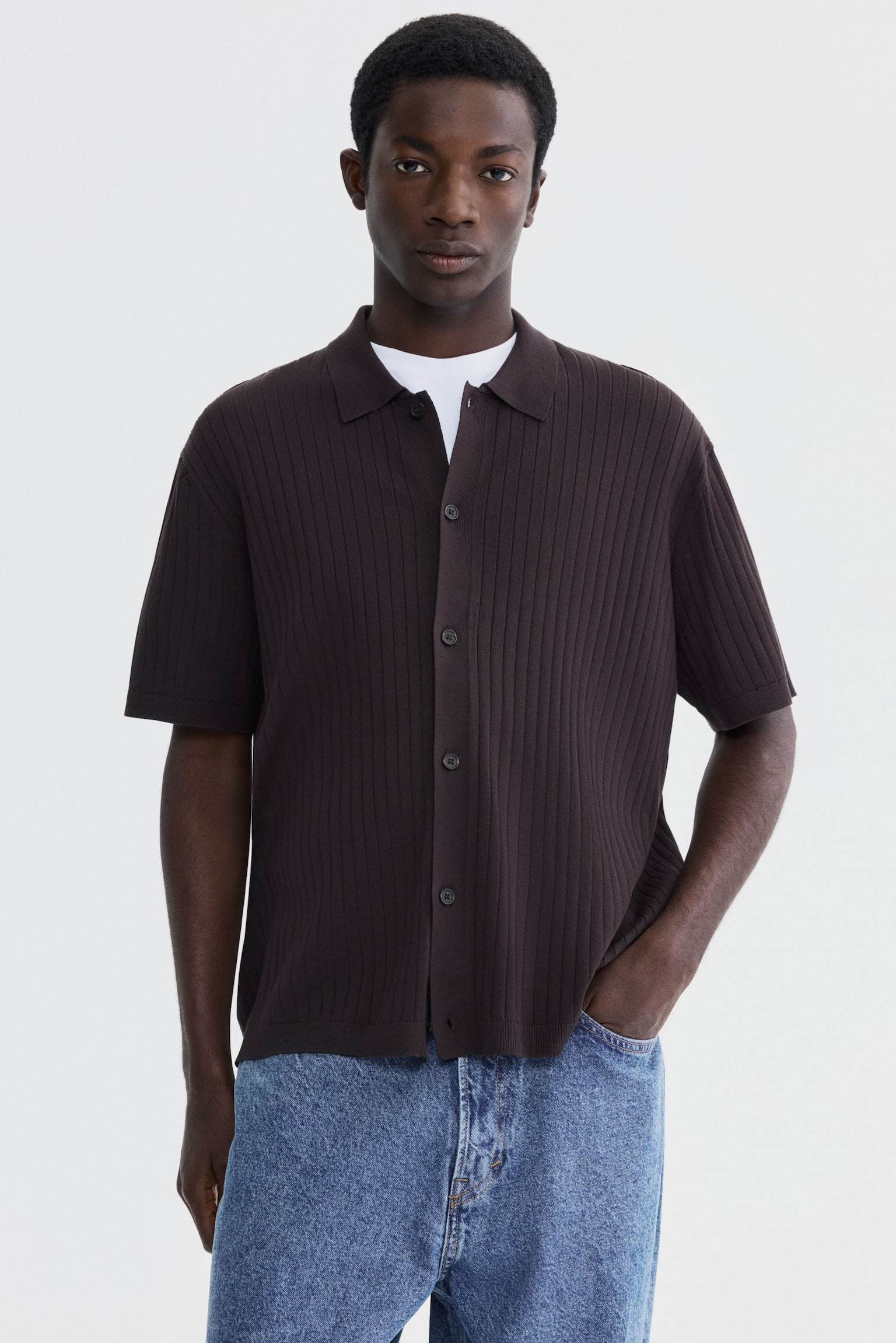 Regular Fit Rib-knit shirt - Dark brown/Cream/Dark blue - 2