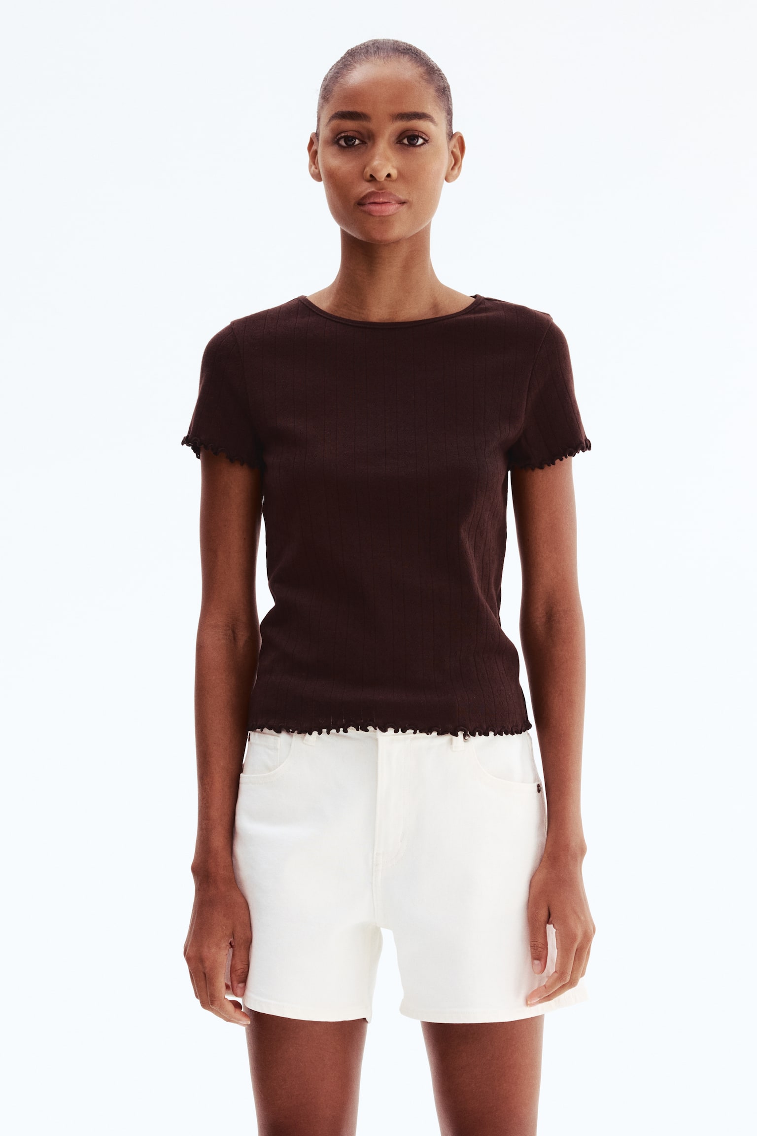 Pointelle jersey top - Dark brown/Light blue/White - 1