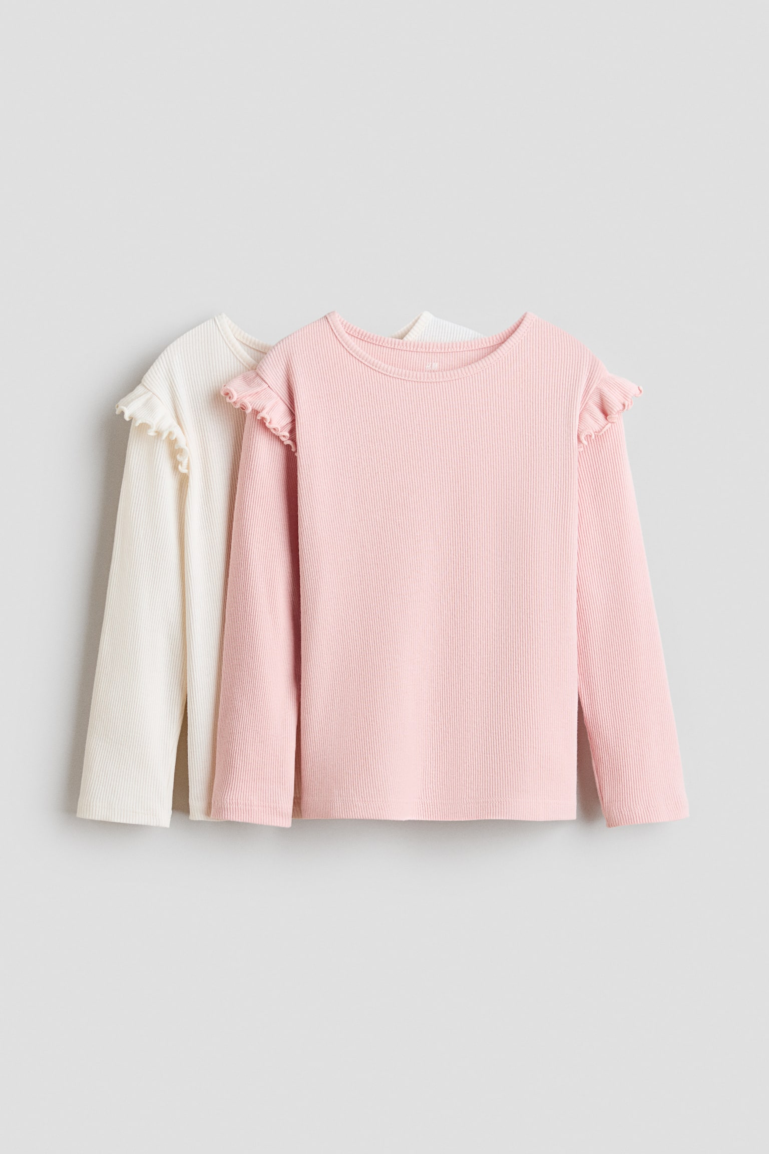 2-pack flounce-trimmed cotton tops - Light pink/Cream/Dusty pink/Light beige marl/Black/Cream