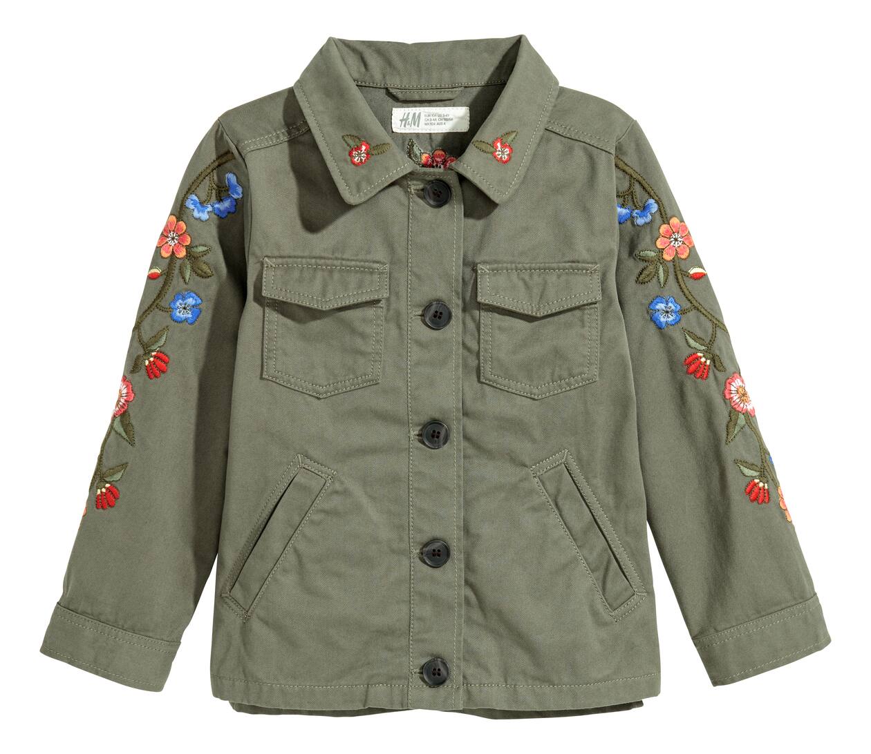 Embroidered utility jacket - Long sleeve - Khaki green/Flowers 