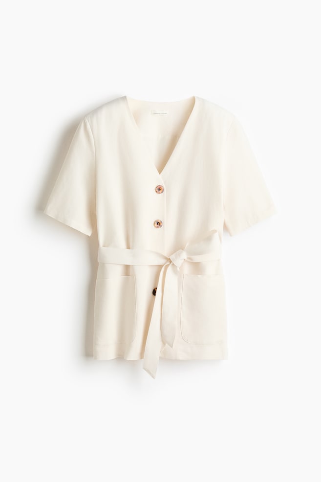 Short-sleeved linen-blend blazer - Cream/Dark khaki green - 1