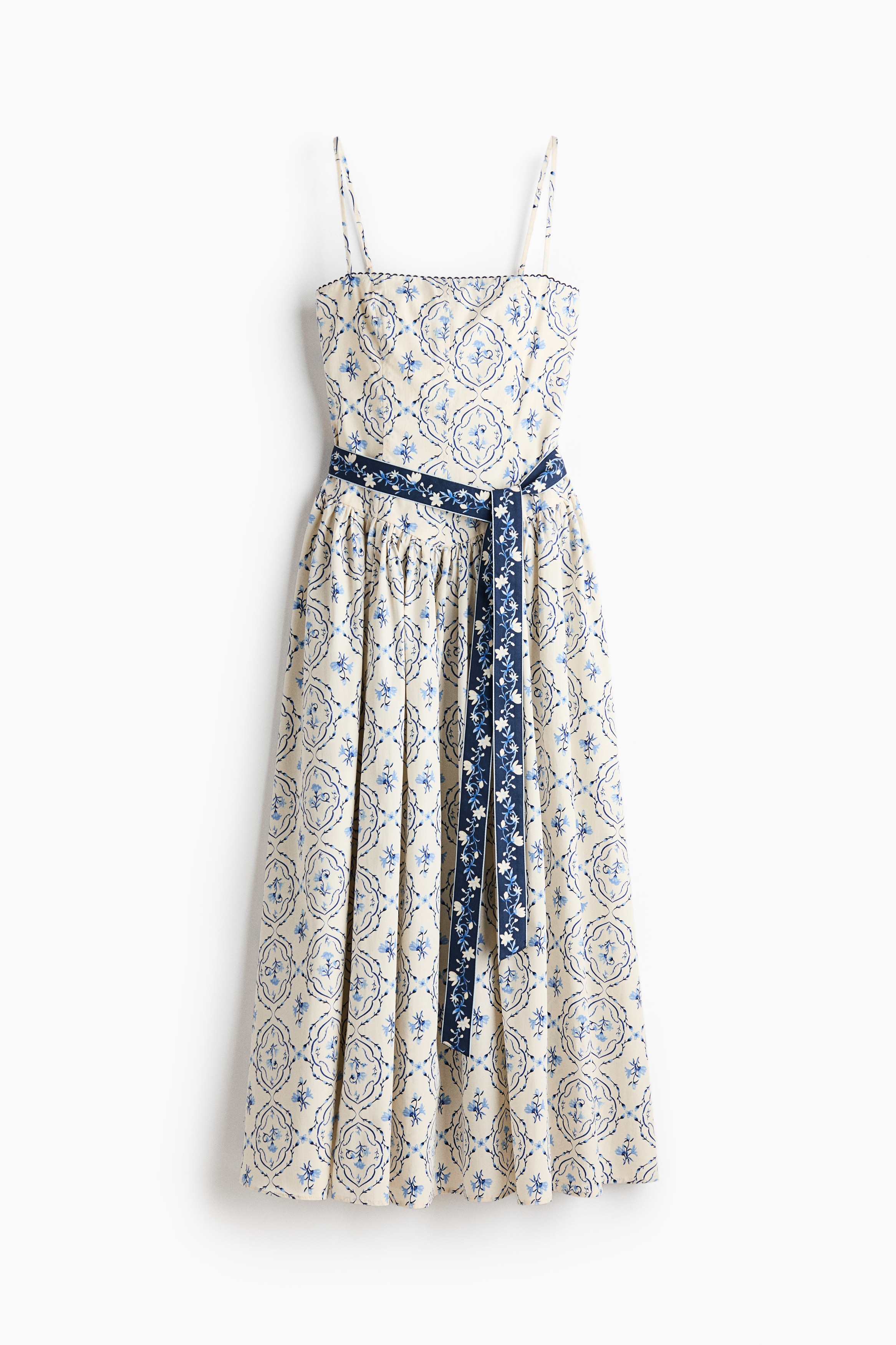 Vestido de tirantes con cinturón de anudar - Blanco/Estampado