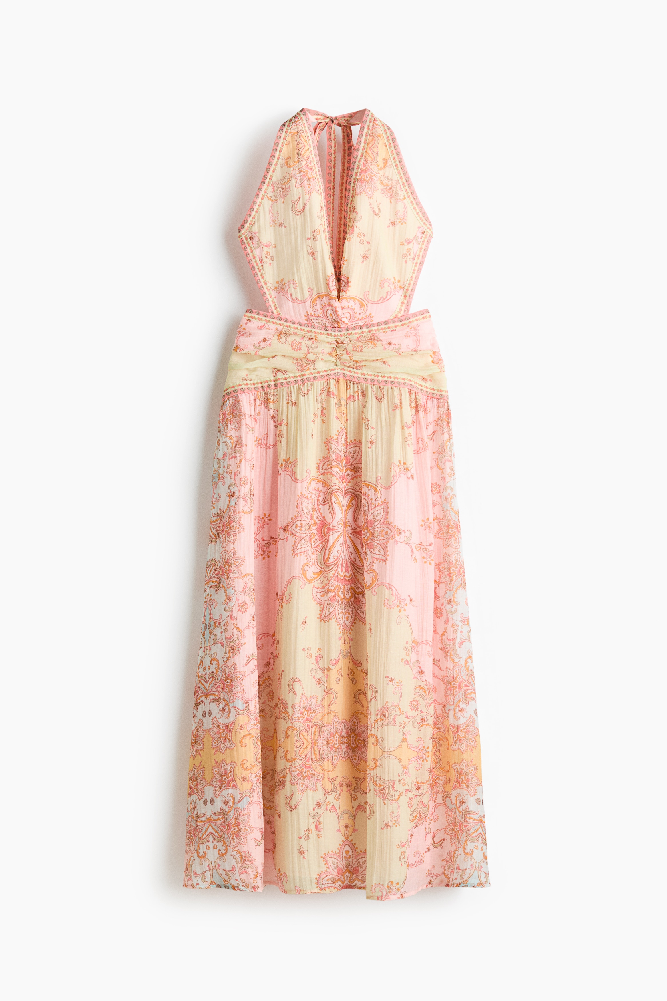 Open-back halterneck dress - Light pink/paisley pattern
