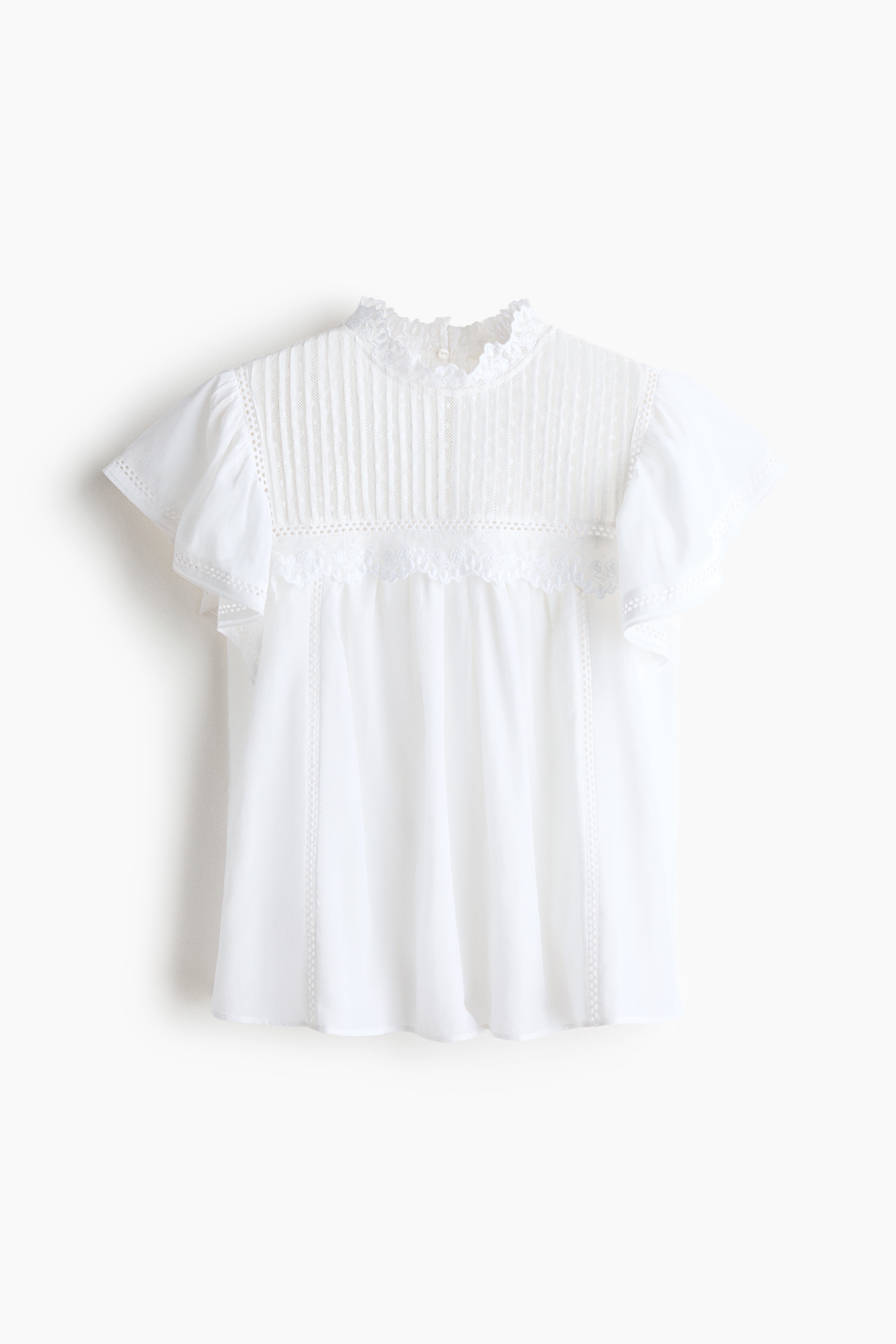 Blouse à manches volantées avec dentelle - Blanc/Rose clair